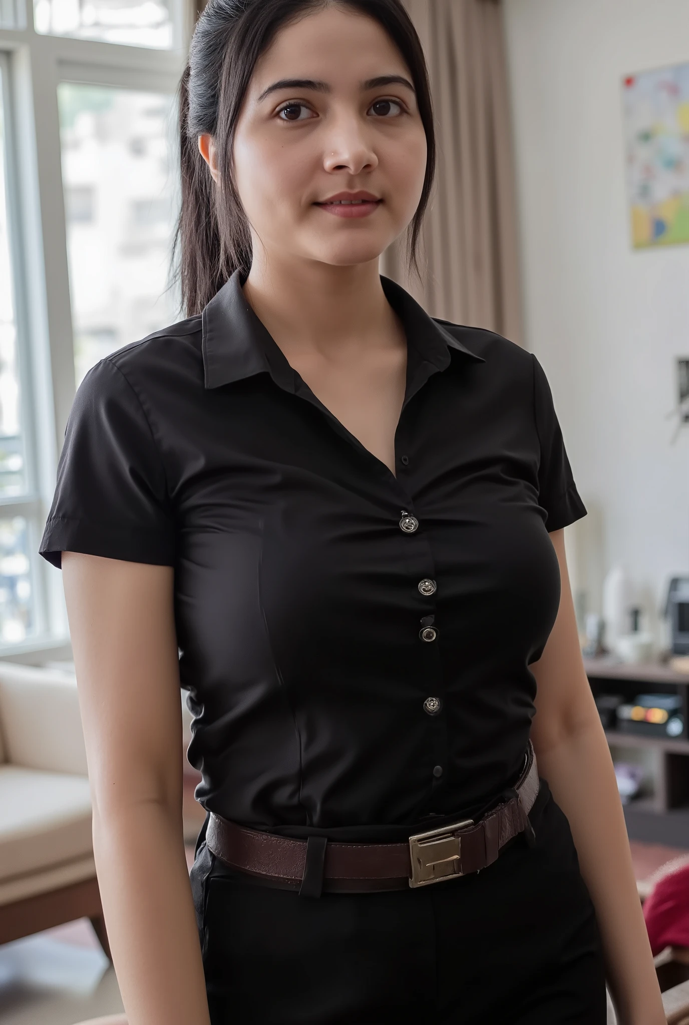 (Masterpiece: 1.2, Best Quality), Realistic, (Realistic Picture, Complex Details, Depth of Field), Best Quality, Masterpiece, Highly Detailed, Realistic, 1 adult girl, indonesian wife, 23 Years Old, black ponytail hair , chest forward, huge breasts, thin lips, beautiful and seductive, sexy body, wearing black shirt, the livingroom background, standing, full body view, look at viewer, full photo.
