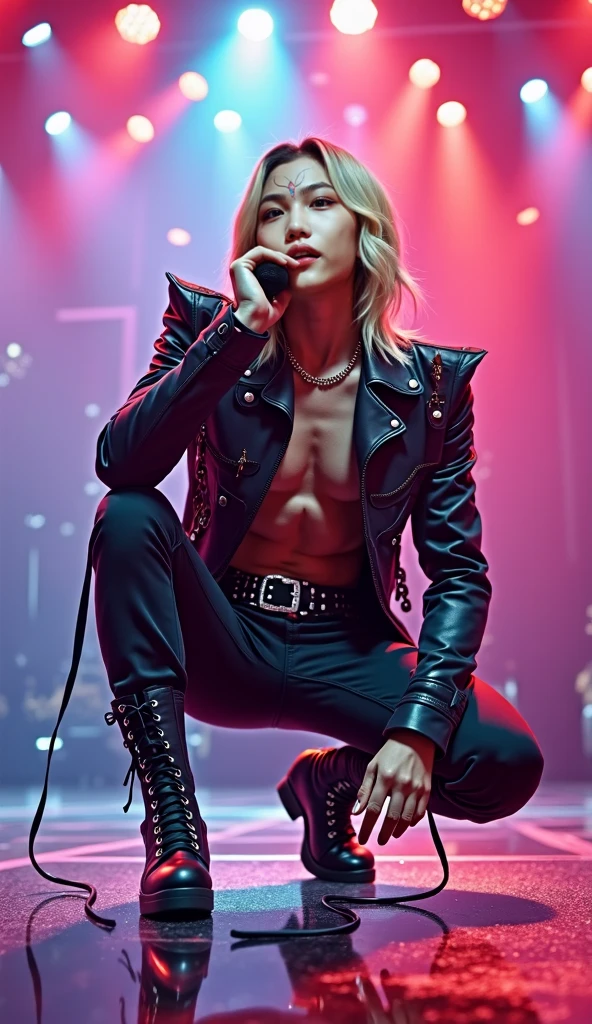 1 Caucasian white, male, young man handsome, model ((very skinny)), black yellow leather jacket, demon, incubus, short layered hair, blonde hair, strip club atmosphere, night club lighting, darkness, BDSM club background, full body, hunter eyes, gothic punk attire, heavy punk eyeshadow, evil, darkness, dark, realism, realistic, perfect realism, full 16k, masterpiece, sexy, neon light letters C N T X