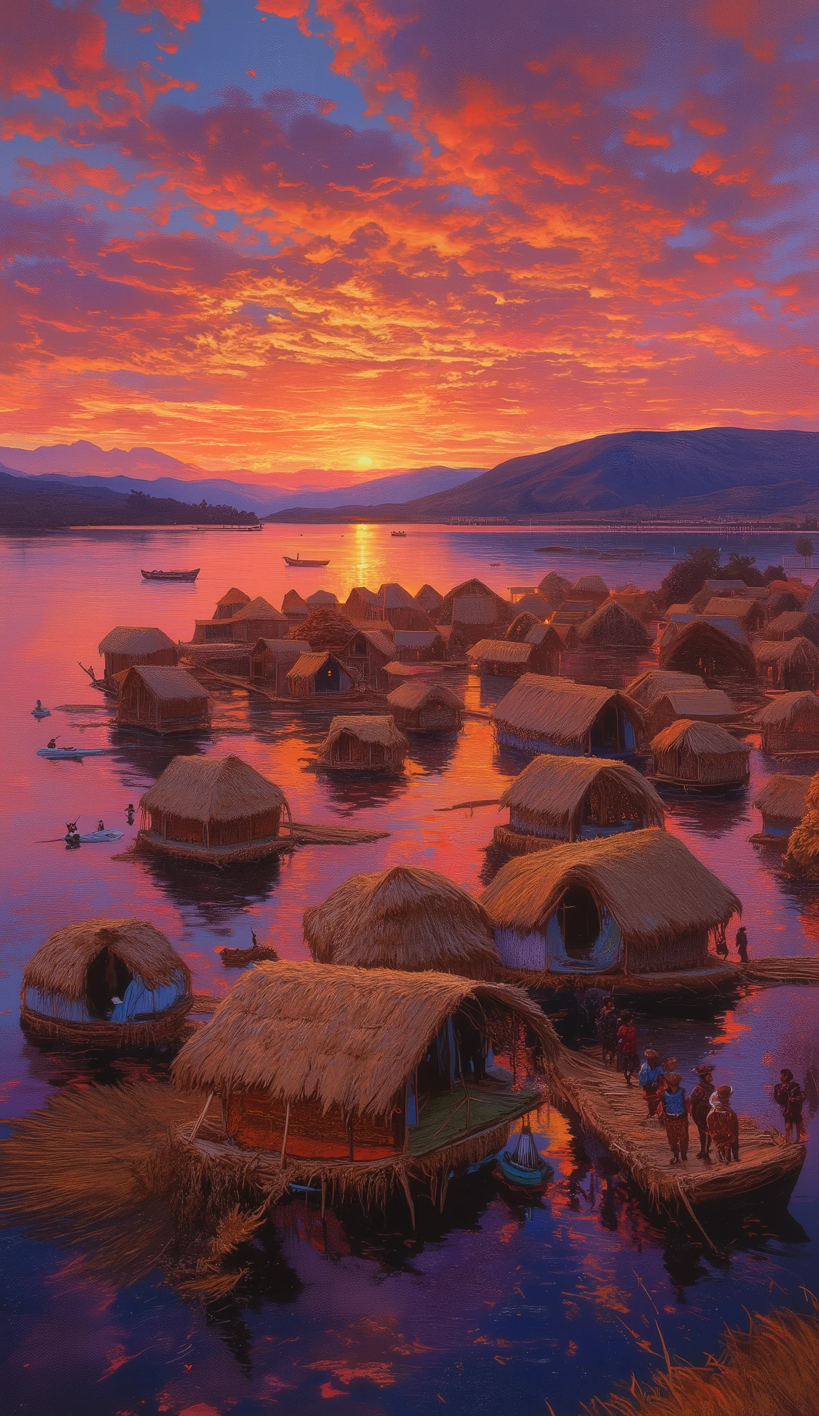 (oil painting, venice:1.4), 8k resolution, masterpiece, TOP QUALITY, Award-Winning Works, Floating islands of the Uros on Lake Titicaca, beautiful sunset, Floating reed islands on a lake