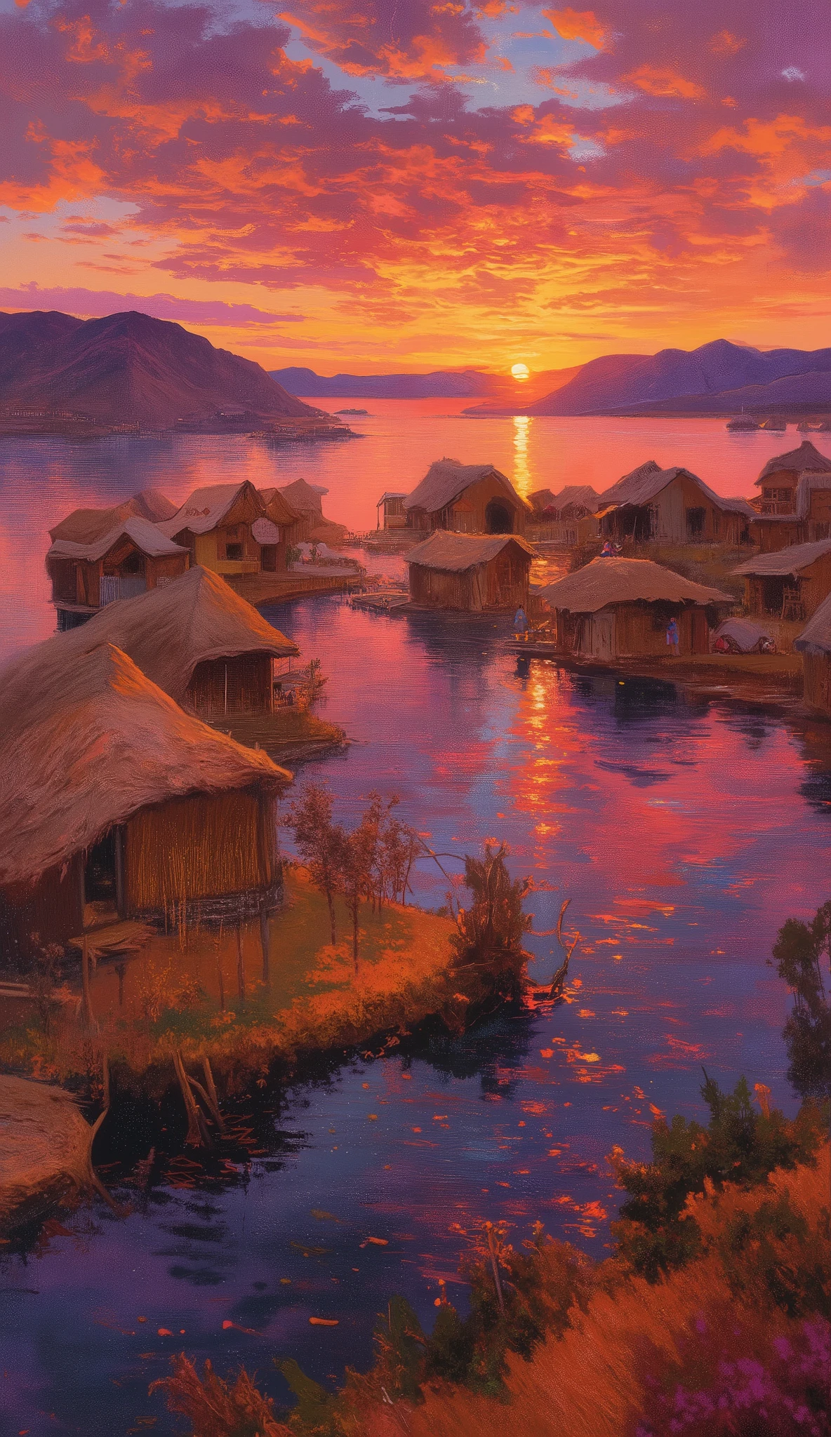 (oil painting, venice:1.4), 8k resolution, masterpiece, TOP QUALITY, Award-Winning Works, Floating islands of the Uros on Lake Titicaca, beautiful sunset, Floating reed islands on a lake