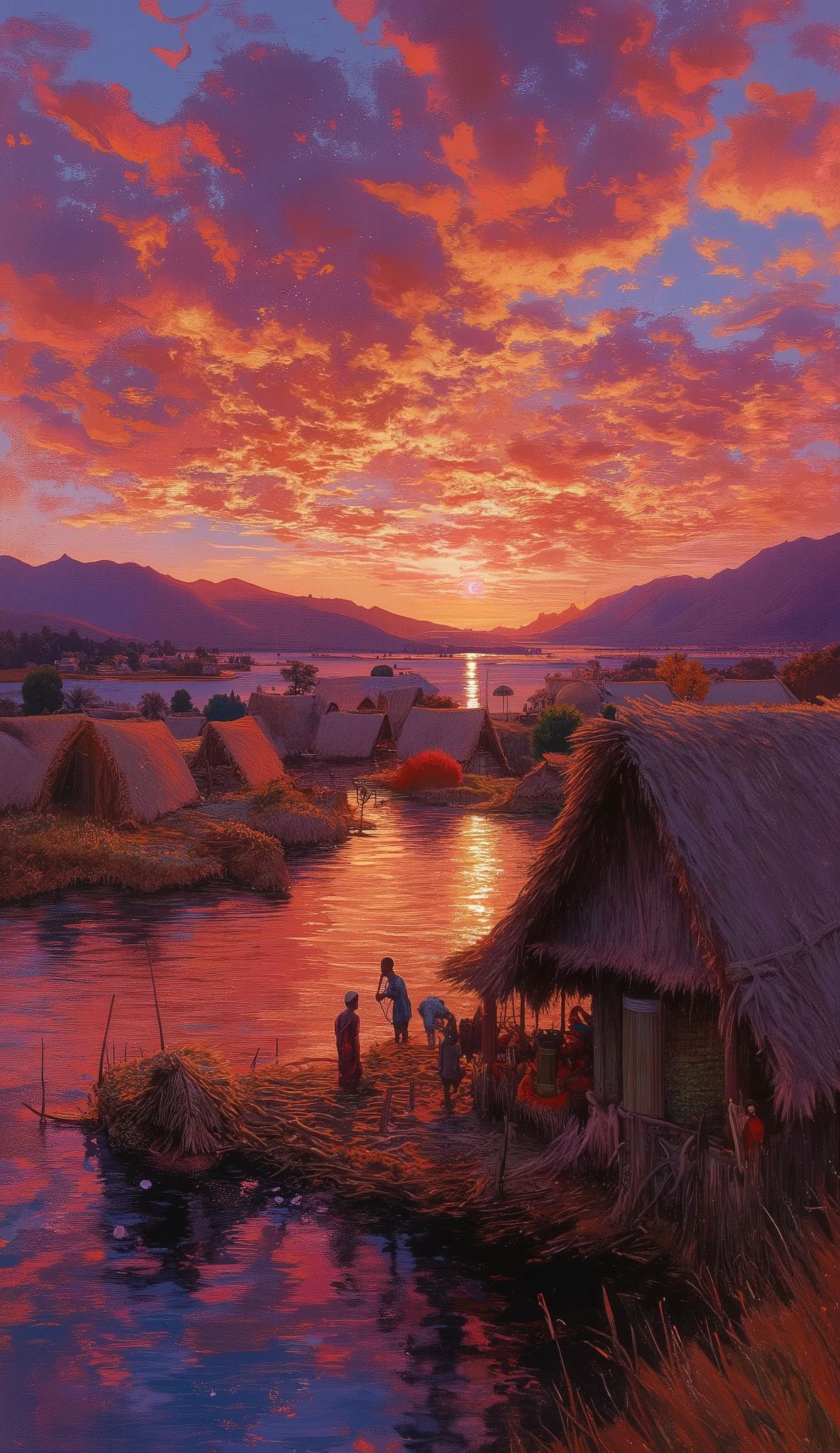 (oil painting, venice:1.4), 8k resolution, masterpiece, TOP QUALITY, Award-Winning Works, Floating islands of the Uros on Lake Titicaca, beautiful sunset, Floating reed islands on a lake