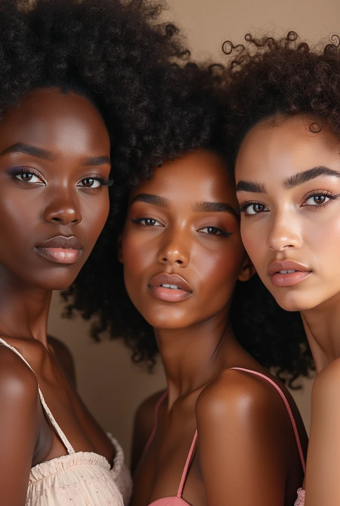 generate a realistic image with several different Brazilian women with different hair types and curvatures but all perfect and hyphrated