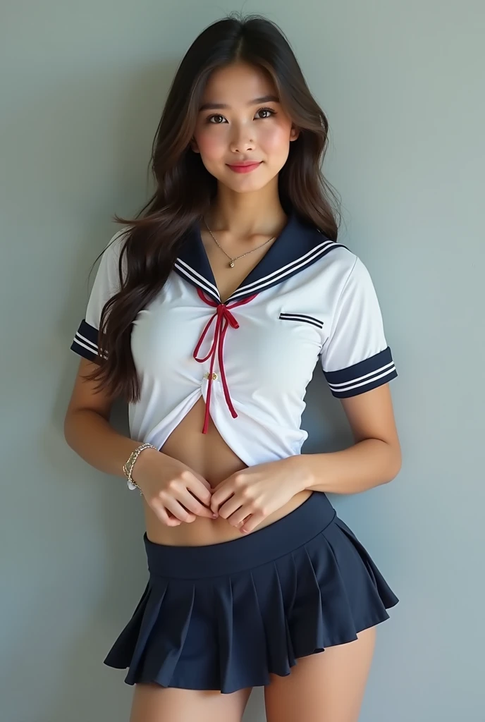 Beautiful Indian woman wearing a white shirt, white short skirt with blue tie, belly button, crown, standing