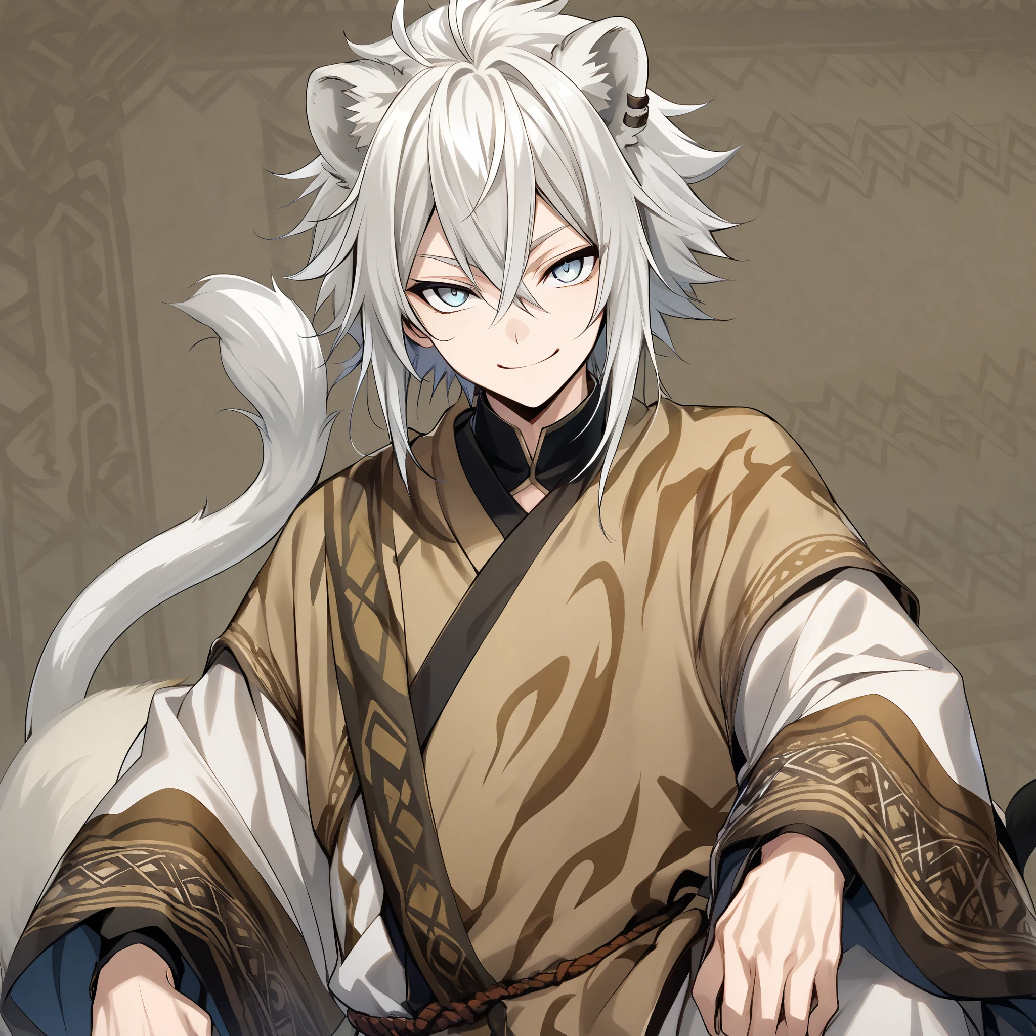 Twin anime boys, white hair, sharp cold white eyes, both have lion ears and tail, Solo, Looking at viewer, Smile, Savanna clothing