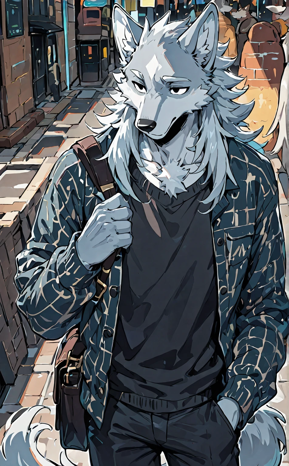 Wolf,(black eyes)(skin:1.3)(Deep-haired:1.2),furry,Dull,fashion,Waiting alone on the street, clear and clean background