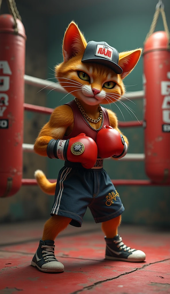 Create an image of a muscular cat with a slightly cartoonish, semi-realistic style. The cat should be holding either a barbell, a dumbbell, or wearing boxing gloves, showcasing its strength and sporty nature. Ensure that the cat's fur is detailed and natural-looking, with a focus on its determined yet friendly expression. The overall design should balance between realism and a hint of cuteness, avoiding too much exaggeration."