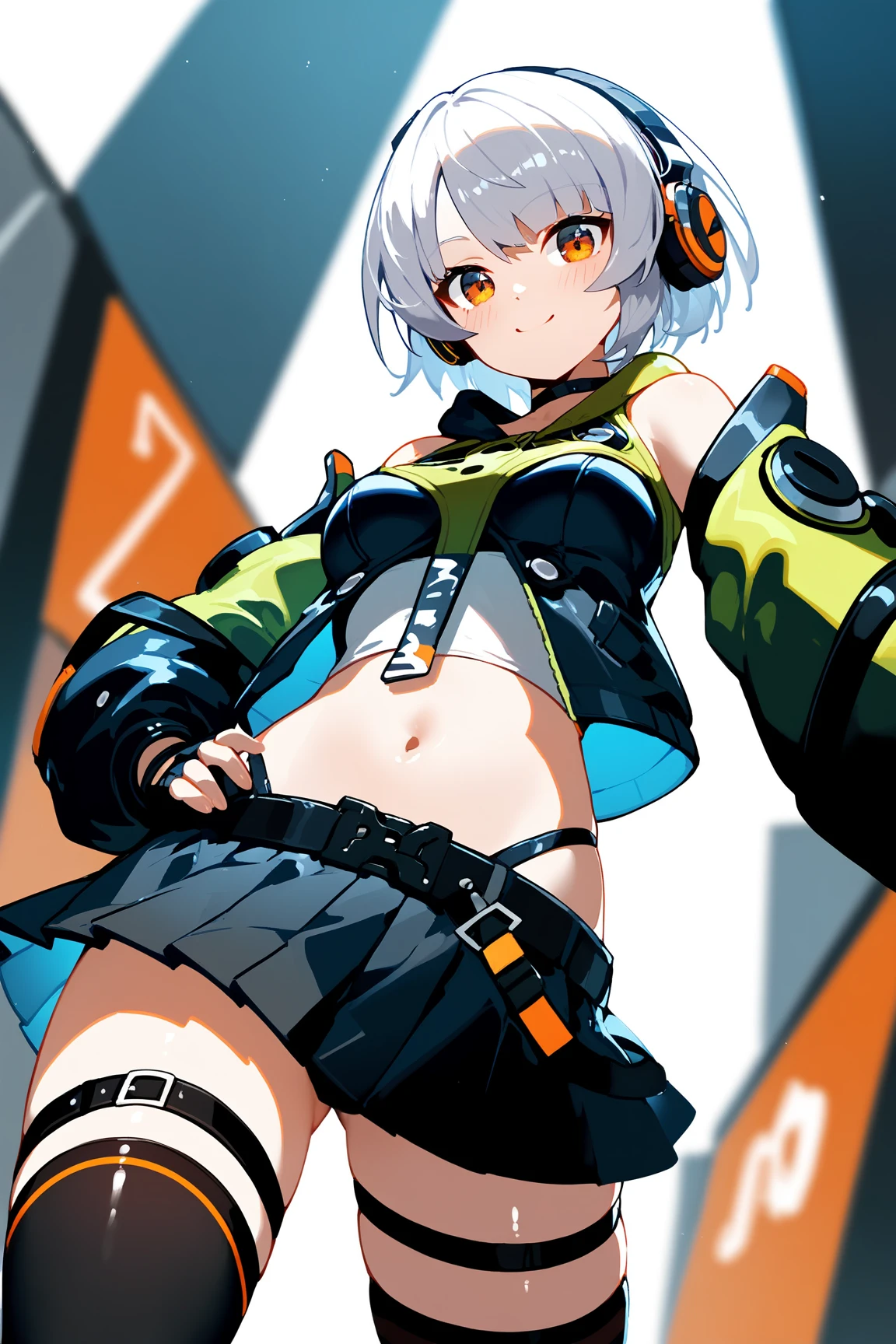 Anby style, 8k, hdr, ureal engine, ultra quality, sitting,  anbydemara, anby demara, (orange eyes:1.5), short hair, white hair,
BREAK bare shoulders, black gloves, black skirt, black thighhighs, fingerless gloves, gloves, green jacket, headphones, jacket, navel, skirt, stomach, thighhighs,golden earrings, cute, full body, bukkake, after sex, torned clothes, sweat, oiled skin, used, fucked silly, 