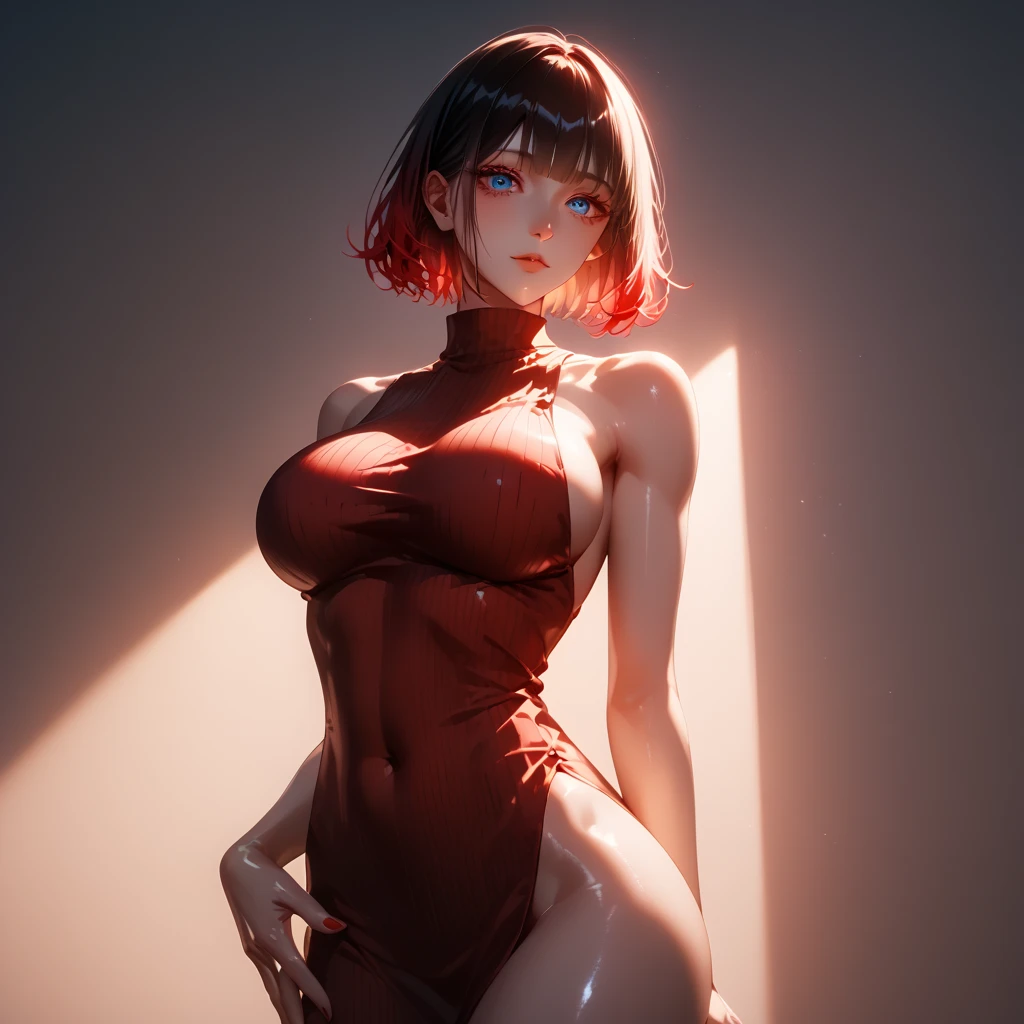 one asian girl, ada wong, solo, abs, slender body, (upper body, bust:1.2), black eyes, black hair, (red clothes, tiny breasts, small breasts, male chest, cleavage, exposed breasts, deep cleavage, neeples slip:1.5), bare shoulders, masterpiece, highly detailed, look at viewer, shiny blured orange background, gradient sprayed background, front view, gradient red purple background, blured background, glowing edges of image