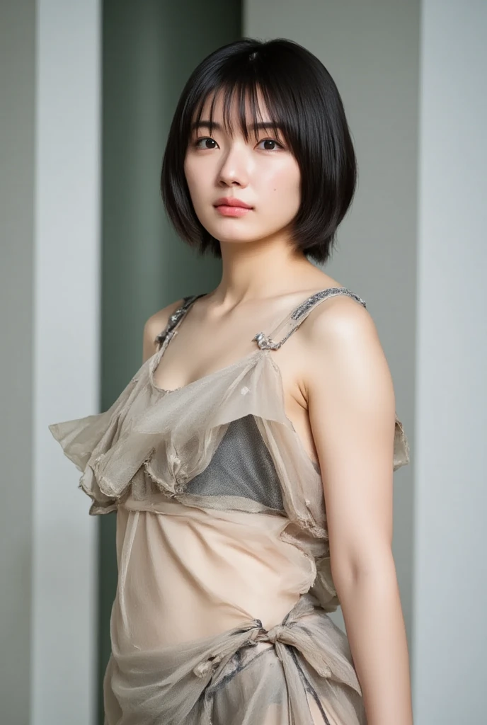 (((Highest quality)), ((8k)), ((masterpiece: 1.3)), (Photorealism: 1.6), (JMA), (Who), (Portrait of a Japanese mature woman), (Pitch black background: 1.2), (Woman standing diagonally facing forward: 1.4), (65-year-old woman), (Perfect looks), ((Realistic skin texture)), (Fine wrinkles all over the skin), (Dullness), (Facial wrinkles), (Wrinkles around the eyes), double eyelid, Tear bags under the eyelids, (Grimacing and laughing), Short bangs, short hair, (Loose-fitting one-shoulder elegant blouse: 1.2), (Close-up of face),