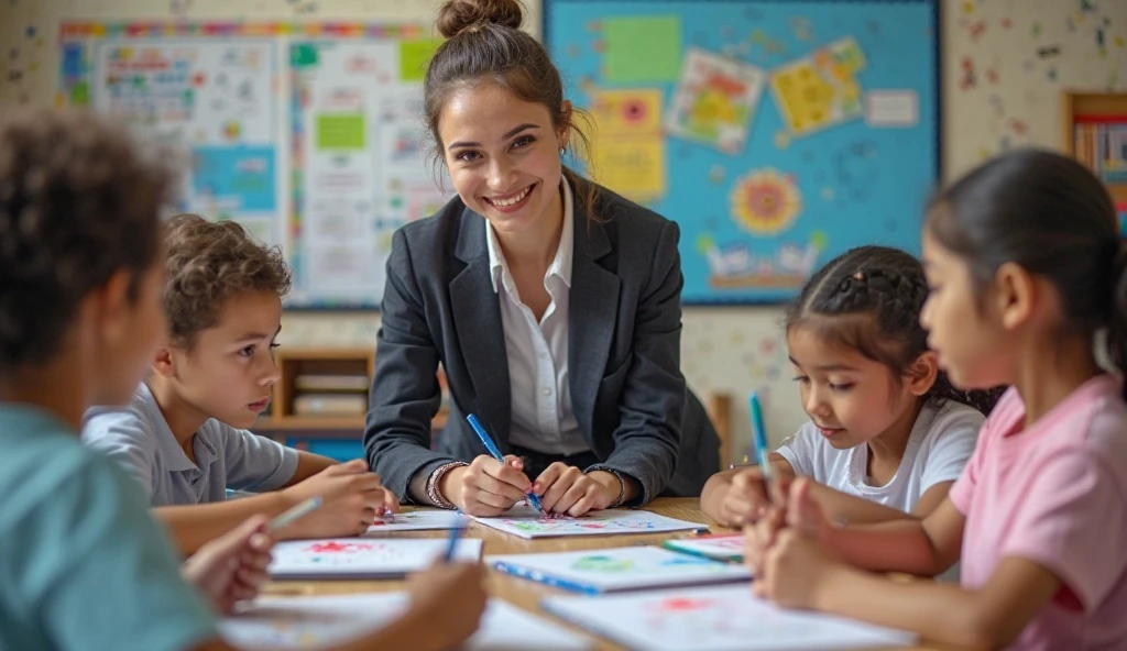 Create an image where the teacher is a mediator of an English class with children