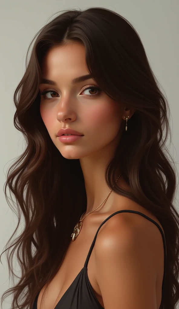 A 40 year old woman with an oval shaped head with a sharp jawline creating a defined facial line.. Her eyes are big with long, curly eyelashes, making her look mysterious.. Her nose is slender with nostrils that are not too large., thus giving an elegant effect. A chin that is smaller than the head thus increasing its feminine effect. ((Her body is well proportioned with large thighs and buttocks and a high butt..))