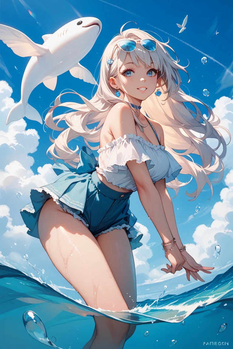 Long Hair, chest, View your viewers, blush, smile, Open your mouth, bangs, blue eyes, 大きなchest, Knee socks, gloves, ribbon, belly button, chestの谷間,  Transparent swimsuit, whole body, Gray Hair, 巨大なchest， (巨大なchest: 1.8), Green Hair, horn, Pointed Ears, Blunt bangs, Raise your arms, (１People Girls),  (Side tie bikini bottom), (Transparent micro bikini), (（White tiny micro bikini）), wave hands