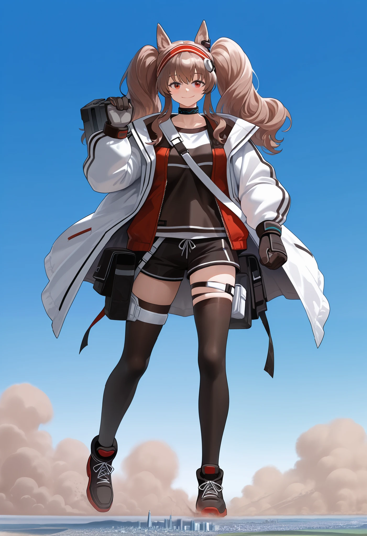 score_9, score_8_up , score_7_up , Angelina \(arknights\), 1girl , long hair, brown hair, twintails, sidelocks, red eyes, fox ears,giantess,Women Bigger Than Japan,Satellite imagery,,fullbody,Dust cloud, universe background,null,Landing after jumping,detailed face,,smile,fun,joy