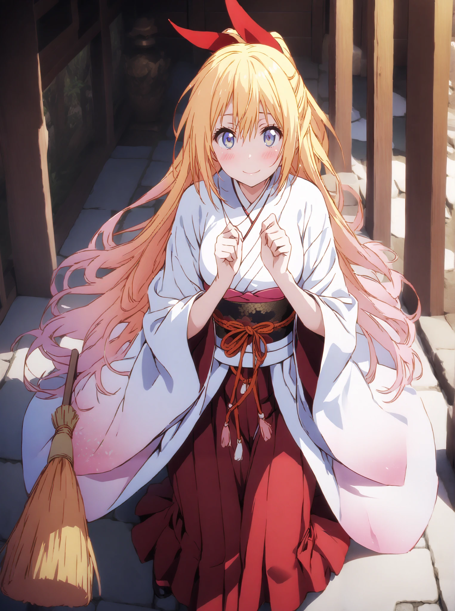 score_9, score_8_up, score_7_up, source_anime, chitoge kirisaki, long hair, blue eyes, blond hair,hair ribbon , smile,blush,close your mouth, o, very long hair, multicolored hair, Red Ribbon, gradation hair, medium chest,Shrine maiden, Japanese Clothes, white kimono , kimono, Red Hakama, wide sleeve, Long Sleeve, bow sleeve , とてもlong hair, low ponytail, holding a broom with both hands,Cleaning stairs,full bodyがイラストに入るように,break outdoors, shrine,
break looking at viewer,full body,
break (masterpiece:1.2),top quality , kampala, Unity 8K Wallpaper ,(shape:0.8),( fine, beautiful eyes :1.6),It's a person ,full body写真,CG Details , (I'll give you a perfect hand, complete anatomy),