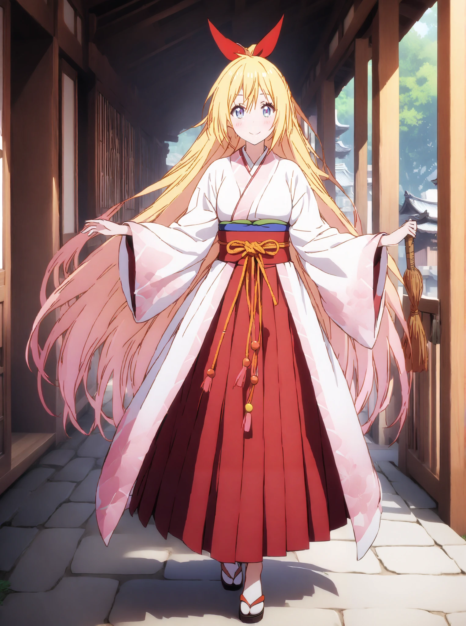score_9, score_8_up, score_7_up, source_anime, chitoge kirisaki, long hair, blue eyes, blond hair,hair ribbon , smile,blush,close your mouth, o, very long hair, multicolored hair, Red Ribbon, gradation hair, medium chest,Shrine maiden, Japanese Clothes, white kimono , kimono, Red Hakama, wide sleeve, Long Sleeve, bow sleeve , とてもlong hair, low ponytail, holding a broom with both hands,Cleaning stairs,full bodyがイラストに入るように,break outdoors, shrine,
break looking at viewer,full body,
break (masterpiece:1.2),top quality , kampala, Unity 8K Wallpaper ,(shape:0.8),( fine, beautiful eyes :1.6),It's a person ,full body写真,CG Details , (I'll give you a perfect hand, complete anatomy),