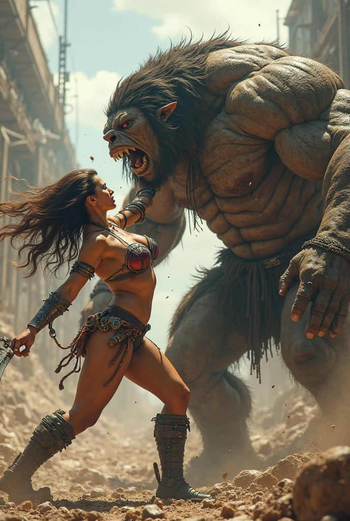 Strong woman wearing leather armor holding two RPG-style axes turning on a furious minotaur