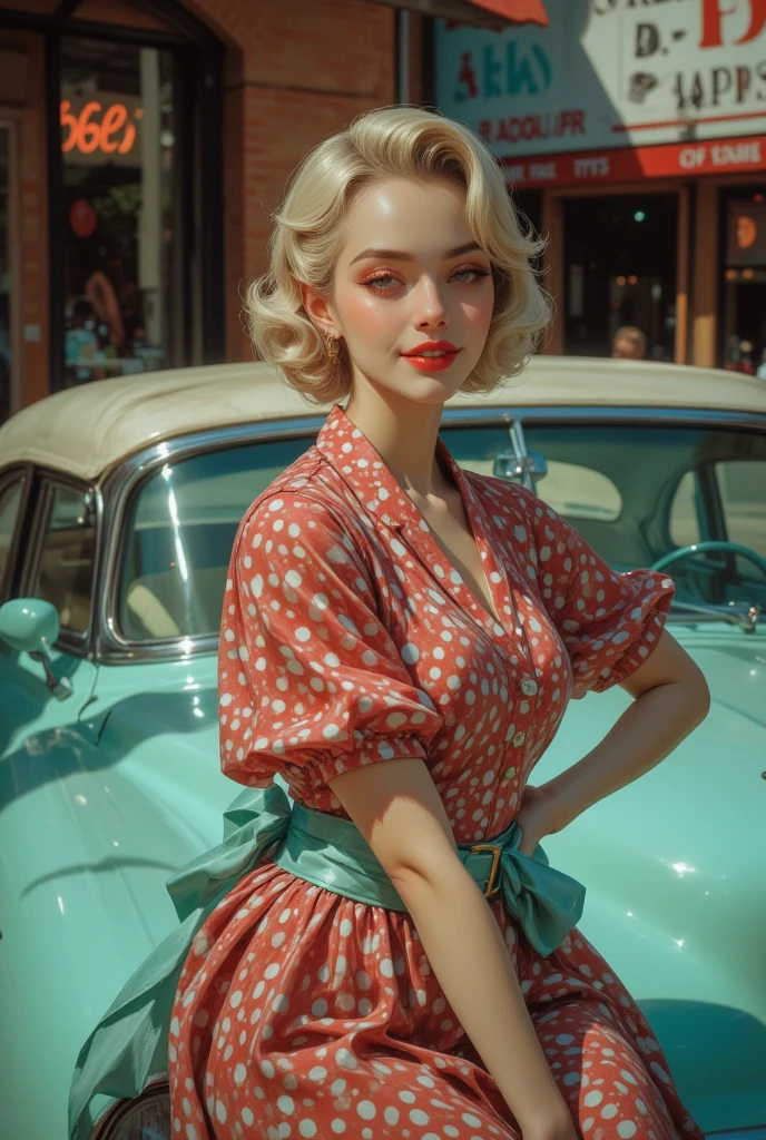 A beautiful young blonde woman with vintage 1950s style pinup stands confidently in front of a classic green car at a retro gas station. She wears a form-fitting, yellow gingham dress that accentuates her figure, complemented by red lipstick and elegant, curled blonde hair. The gas station has a nostalgic feel, with green and cream accents and a classic gas pump. The night sky above is clear, adding a serene ambiance to the scene. The overall mood is nostalgic and glamorous, capturing the essence of mid-20th-century Americana. perfect face, Ultra realistic photo, vibrant colors, 16k