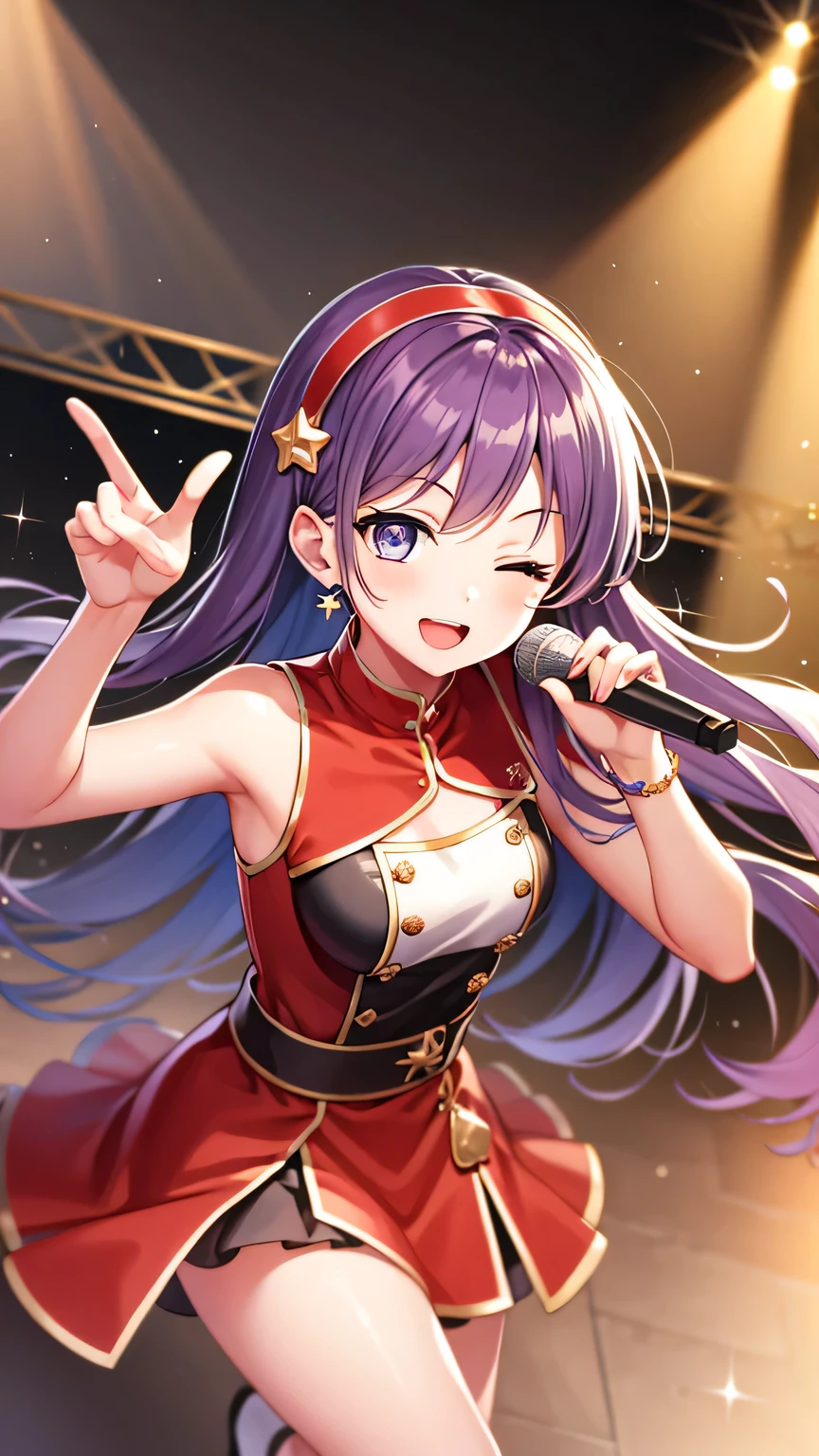 {{{masterpiece}}}, (best quality:1.5), (ultra-detailed:1.5), {illustration}, {{an extremely delicate and beautiful}}, (beautiful detailed eyes:1.6), absurdres, highres, extremely detailed face, 16k, hd, visual anime de uma jovem mulher, extremamente bonito rosto de anime, anime melhor garota, (perfect hands, perfect anatomy), anime face, Asamiya Athena, aa2, 1girl, solo, cute face, (Purple hair:1.3), Long hair, ahoge, parted bangs, sidelocks, white earrings, hairband, star \(symbol\), star hair ornament, (red hairband:1.2), (purple eyes:1.1), medium breasts, big hips, Slender beautiful legs, curvaceous, BREAK, idol costume, BREAK, pointing, pointing at viewer, 1girl, solo, smile, open mouth, one eye closed, pointing, microphone, dancing, jumping, sing, singing, joyful, cute pose, dynamic pose, dynamic angle, indoor, stage, on stage, audience, fluttering skirt