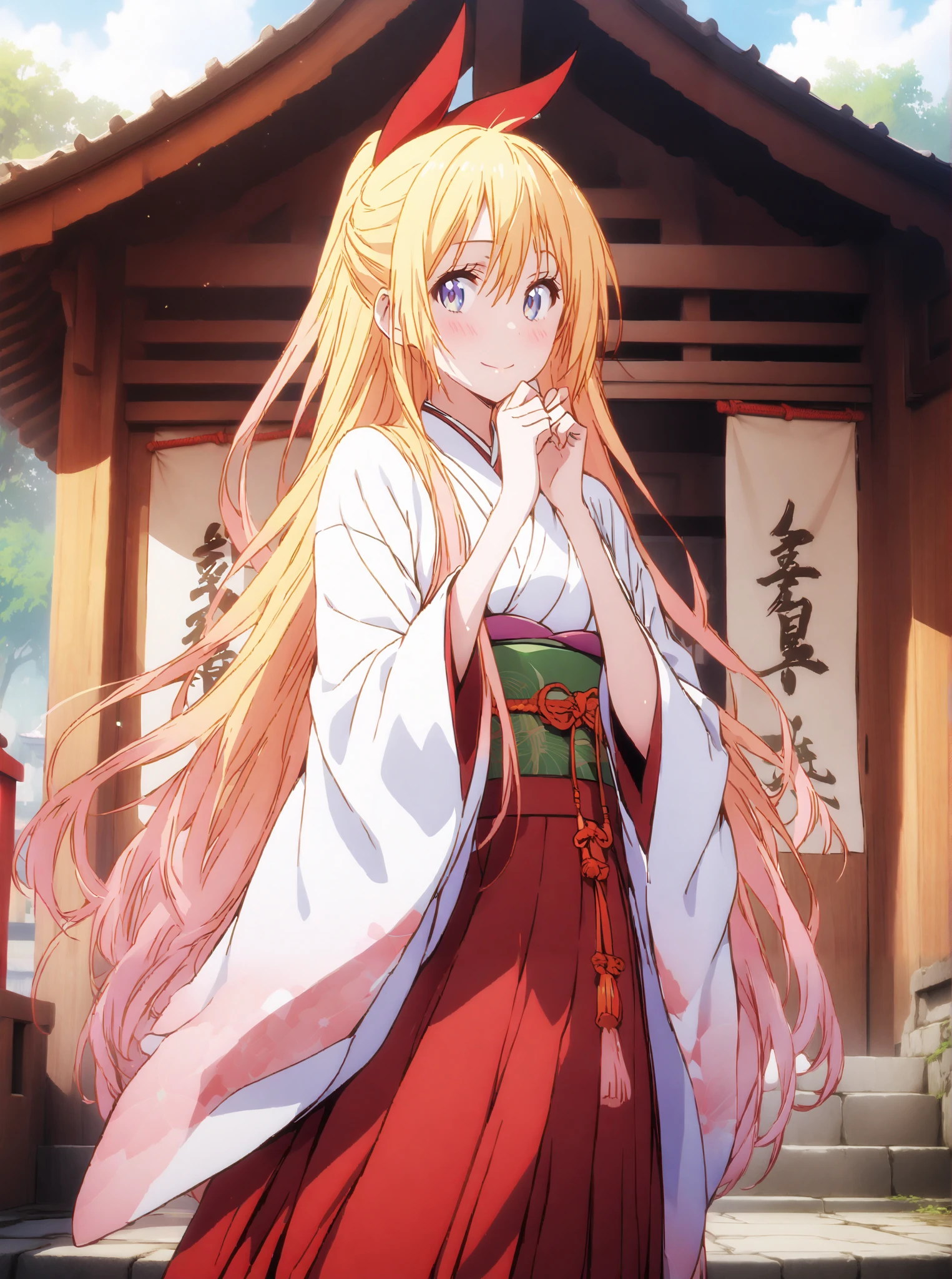 score_9, score_8_up, score_7_up,  source_anime, chitoge kirisaki, long hair, blue eyes, blond hair,hair ribbon , smile,blush,close your mouth, o, very long hair, multicolored hair, Red Ribbon, gradation hair, medium chest,Shrine maiden,  Japanese Clothes,  white kimono , kimono, Red Hakama, wide sleeve,  Long Sleeve,  bow sleeve , とてもlong hair, low ponytail, Holding a broom with both hands,,Cleaning stairs,full bodyがイラストに入るように,break outdoors, shrine,
break looking at viewer,full body,
break (masterpiece:1.2),top quality , kampala, Unity 8K Wallpaper ,(shape:0.8),(  fine, beautiful eyes  :1.6),It's a person ,full body写真,CG Details , (I'll give you a perfect hand, complete anatomy),