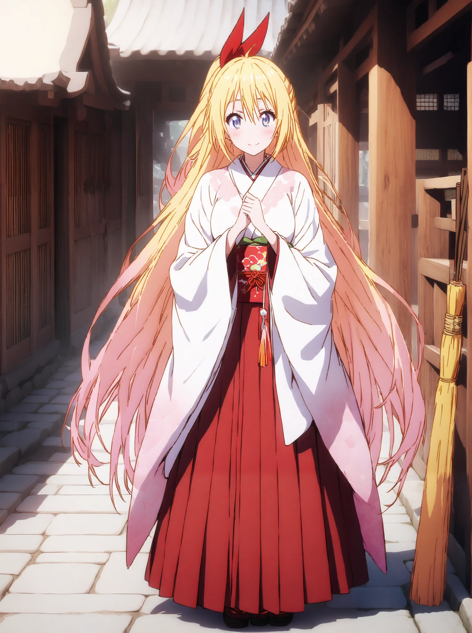 score_9, score_8_up, score_7_up, source_anime, chitoge kirisaki, long hair, blue eyes, blond hair,hair ribbon , smile,blush,close your mouth, o, very long hair, multicolored hair, Red Ribbon, gradation hair, medium chest,Shrine maiden, Japanese Clothes, white kimono , kimono, Red Hakama, wide sleeve, Long Sleeve, bow sleeve , とてもlong hair, low ponytail, Holding a broom with both hands,,Cleaning stairs,full bodyがイラストに入るように,break outdoors, shrine,
break looking at viewer,full body,
break (masterpiece:1.2),top quality , kampala, Unity 8K Wallpaper ,(shape:0.8),( fine, beautiful eyes :1.6),It's a person ,full body写真,CG Details , (I'll give you a perfect hand, complete anatomy),