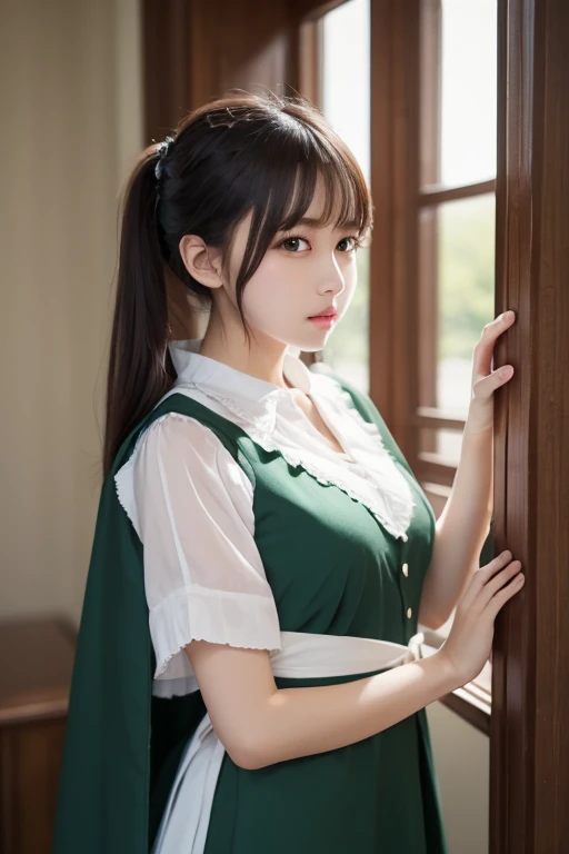 yor_briar, 1girl, white hairband, ((twintails, sidelocks)), black hair, ((red eyes)), green vest, white shirt, long sleeves, green pencil skirt, thighs, upper body, ((leaning forward)), standing, (cowboy shot,realistic, photorealistic), (masterpiece, best quality, high quality), (colorful),(delicate eyes and face), volumatic light, ray tracing, extremely detailed CG unity 8k wallpaper, indoors, living room, sofa, decorations, chandelier, book stack,(big Breasts:1.68),
