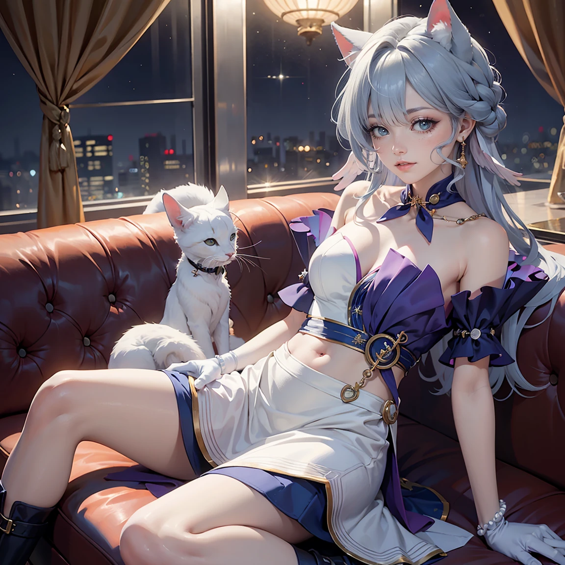 Blue hair, cat ears, female, lusty, maid dress, large breasts, cute