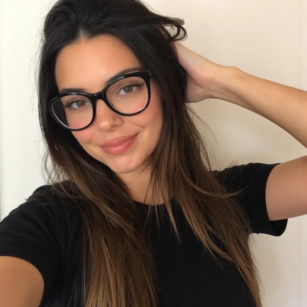 Carly Rose Sonenclar wearing sexy nerd girl clothes with lipstick and smiling