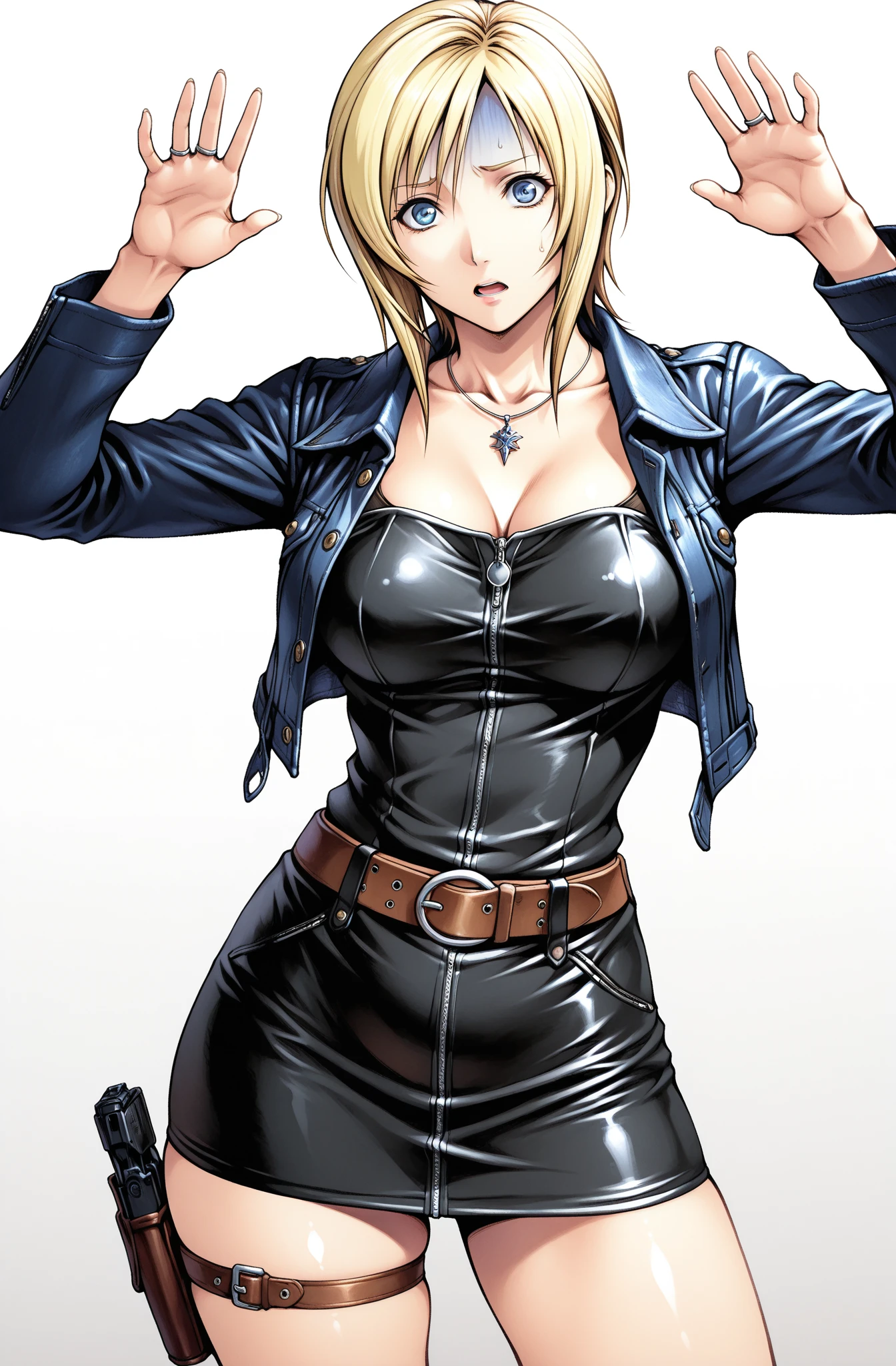 Bible black, Reika Kitami, short blond hair, dominant black leather corset with zipper, huge breasts, showing cleavage, stockings with garter belts, (pussy:1.4), (on all fours:1.4) (shot from below:1.2), thick thighs, thin waist, mischievous face, extremely detailed face and eyes, office background, absurdes, beautiful shadow and dim lighting