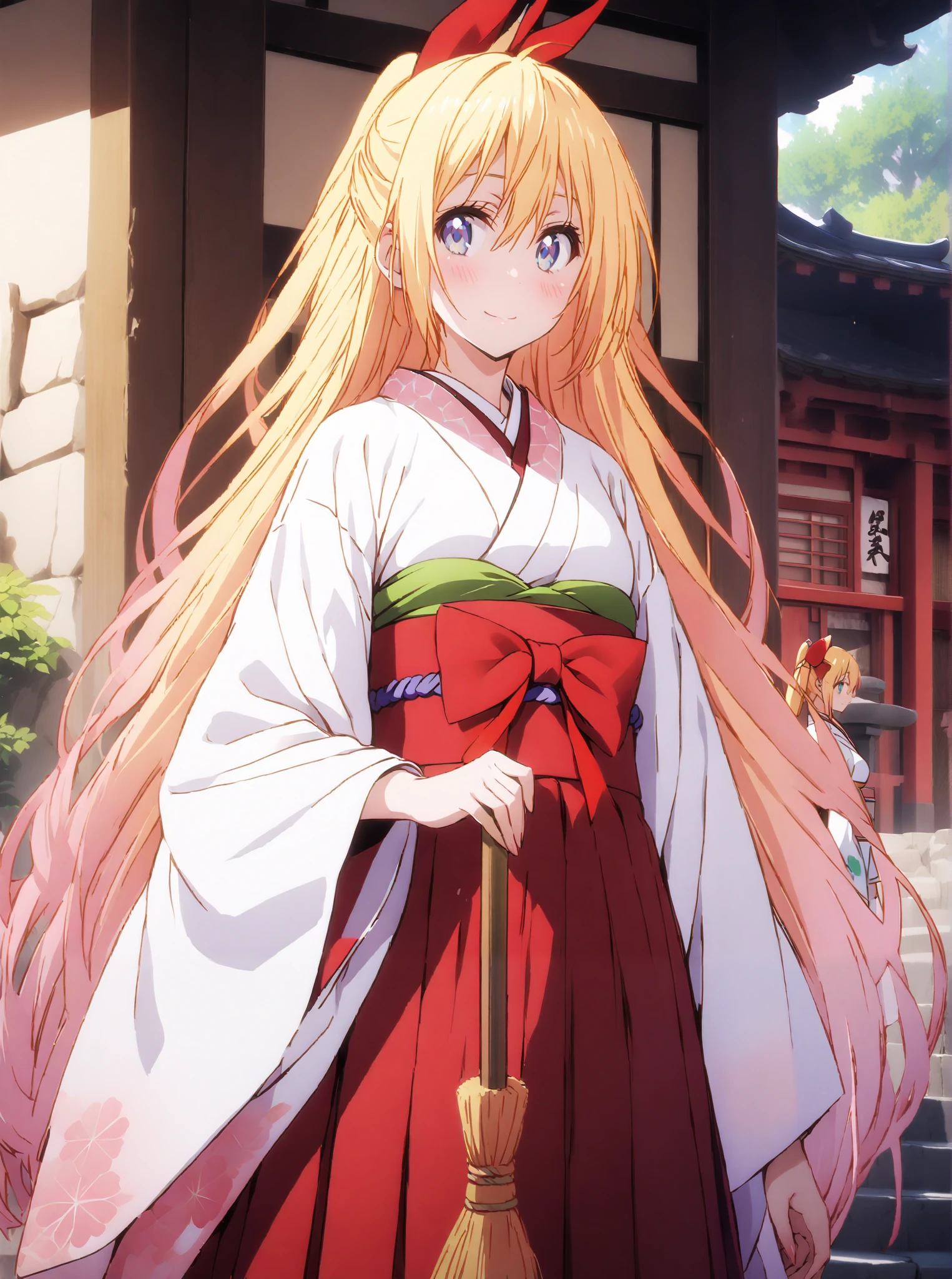 score_9, score_8_up, score_7_up, source_anime, chitoge kirisaki, long hair, blue eyes, blond hair,hair ribbon , smile,blush,close your mouth, o, very long hair, multicolored hair, Red Ribbon, gradation hair, medium chest,Shrine maiden, Japanese Clothes, white kimono , kimono, Red Hakama, wide sleeve, Long Sleeve, bow sleeve , とてもlong hair, low ponytail, Holding a broom with both hands,,Cleaning stairs,full bodyがイラストに入るように,break outdoors, shrine,
break looking at viewer,full body,
break (masterpiece:1.2),top quality , kampala, Unity 8K Wallpaper ,(shape:0.8),( fine, beautiful eyes :1.6),It's a person ,full body写真,CG Details , (I'll give you a perfect hand, complete anatomy),