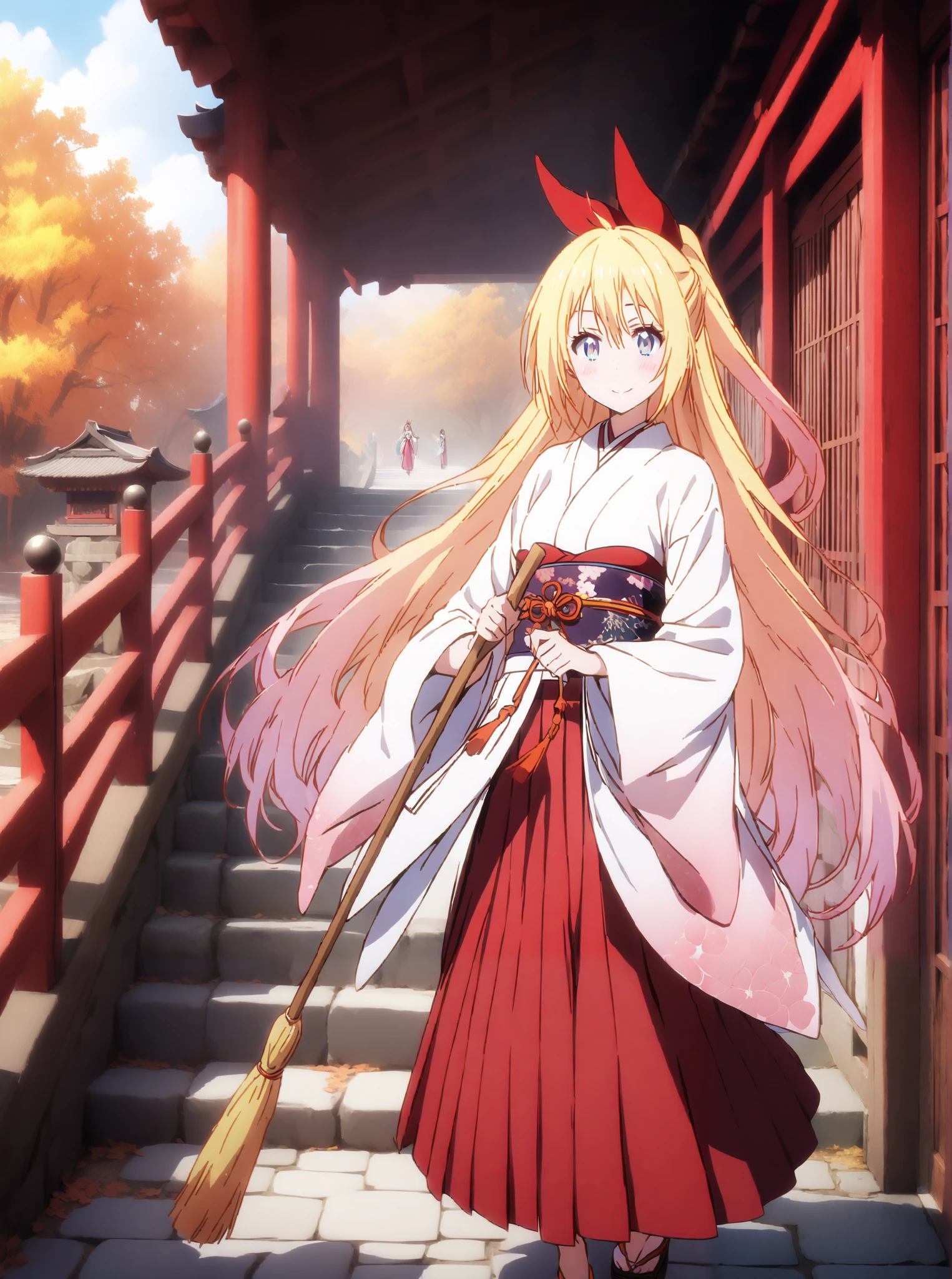 score_9, score_8_up, score_7_up, source_anime, chitoge kirisaki, long hair, blue eyes, blond hair,hair ribbon , smile,blush,close your mouth, o, very long hair, multicolored hair, Red Ribbon, gradation hair, medium chest,Shrine maiden, Japanese Clothes, white kimono , kimono, Red Hakama, wide sleeve, Long Sleeve, bow sleeve , とてもlong hair, low ponytail, Holding a broom with both hands,,Cleaning stairs,full bodyがイラストに入るように,break outdoors, shrine,
break looking at viewer,full body,
break (masterpiece:1.2),top quality , kampala, Unity 8K Wallpaper ,(shape:0.8),( fine, beautiful eyes :1.6),It's a person ,full body写真,CG Details , (I'll give you a perfect hand, complete anatomy),