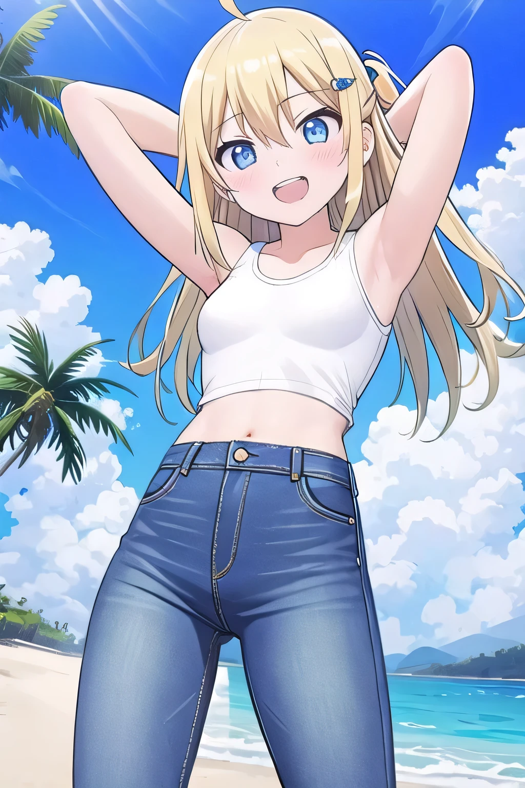 masterpiece,best quality,ultra detail, ((Perfect Face, Perfect Arms, Perfect hands, Perfect Fingers)), 1girl, , peti ((round face, ecstasy, orgasm face, drooping eyes, shame smiling, blush)), dropping eyes, sleepy, Open mouth, ((White teeth)), background((under the beach, (day:1.2), palm tree, bright sky)), miku hatsune, ahoge, aqua eyes, (blonde hair:1.4), crossed bangs, hair between eyes, hair ornament, (long hair:1.4), ((arms behind head, hands behind head, fingers behind head)), ((contrapposto)), spread armpits, looking at viewer,, (white tank top:1.2), (white crop top:1.2), (jeans pants:1.2, flares jeans:1.2, skinny jeans:1.2, blue jeans:1.2), standing, (legs spread:1.4), sex pose, Sweaty crotch, Steam from the crotch, from below, whole body