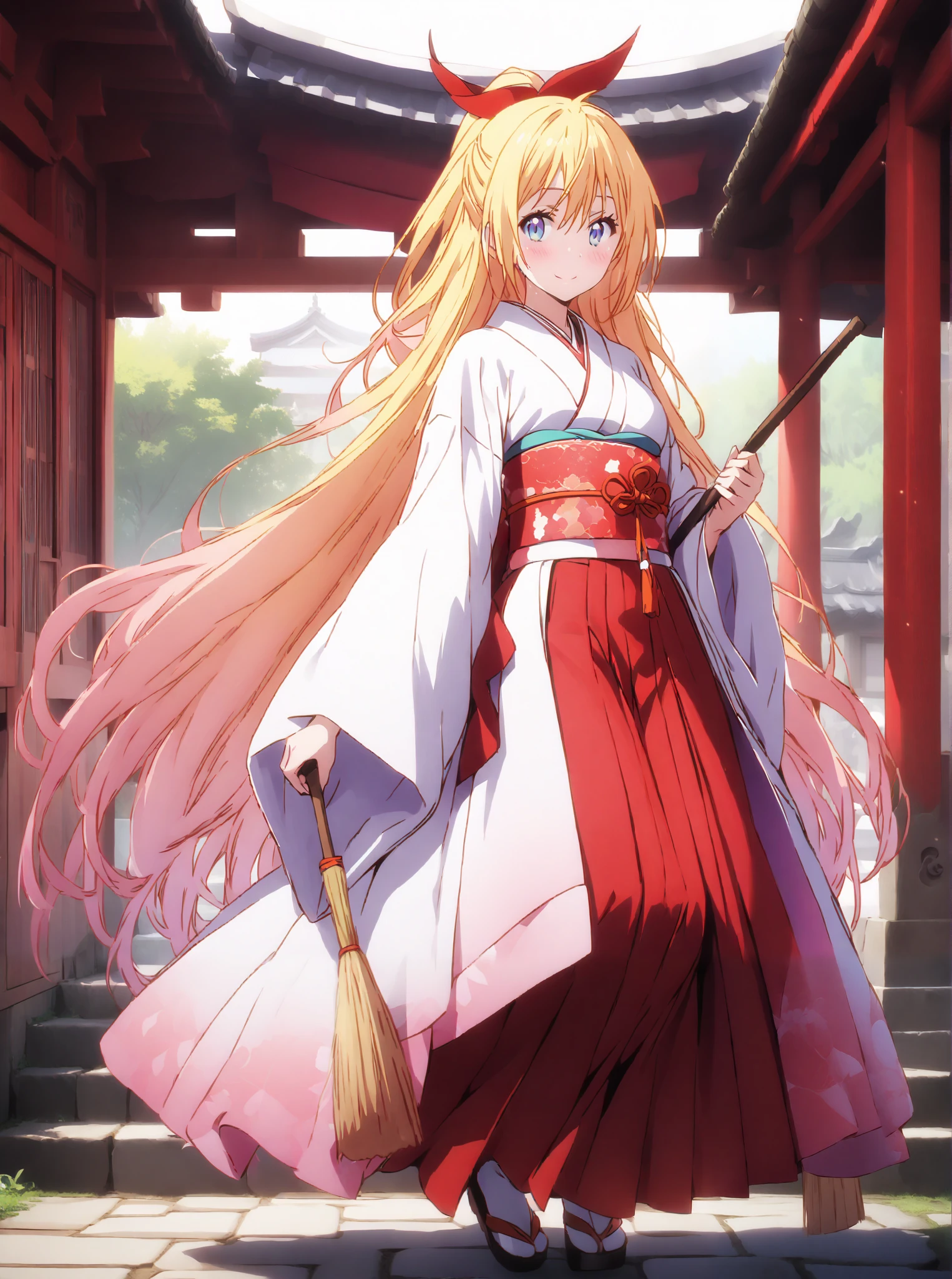 score_9, score_8_up, score_7_up, source_anime, chitoge kirisaki, long hair, blue eyes, blond hair,hair ribbon , smile,blush,close your mouth, o, very long hair, multicolored hair, Red Ribbon, gradation hair, medium chest,Shrine maiden, Japanese Clothes, white kimono , kimono, Red Hakama, wide sleeve, Long Sleeve, bow sleeve , とてもlong hair, low ponytail, Holding a broom with both hands,,Cleaning stairs,full bodyがイラストに入るように,break outdoors, shrine,
break looking at viewer,full body,
break (masterpiece:1.2),top quality , kampala, Unity 8K Wallpaper ,(shape:0.8),( fine, beautiful eyes :1.6),It's a person ,full body写真,CG Details , (I'll give you a perfect hand, complete anatomy),