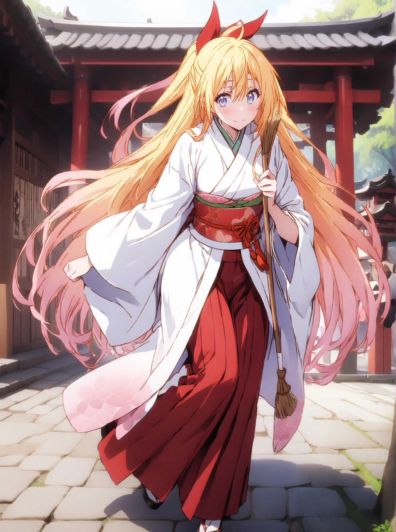 score_9, score_8_up, score_7_up, source_anime, chitoge kirisaki, long hair, blue eyes, blond hair,hair ribbon , smile,blush,close your mouth, o, very long hair, multicolored hair, Red Ribbon, gradation hair, medium chest,Shrine maiden, Japanese Clothes, white kimono , kimono, Red Hakama, wide sleeve, Long Sleeve, bow sleeve , とてもlong hair, low ponytail, Holding a broom with both hands,,Cleaning stairs,full bodyがイラストに入るように,break outdoors, shrine,
break looking at viewer,full body,
break (masterpiece:1.2),top quality , kampala, Unity 8K Wallpaper ,(shape:0.8),( fine, beautiful eyes :1.6),It's a person ,full body写真,CG Details , (I'll give you a perfect hand, complete anatomy),