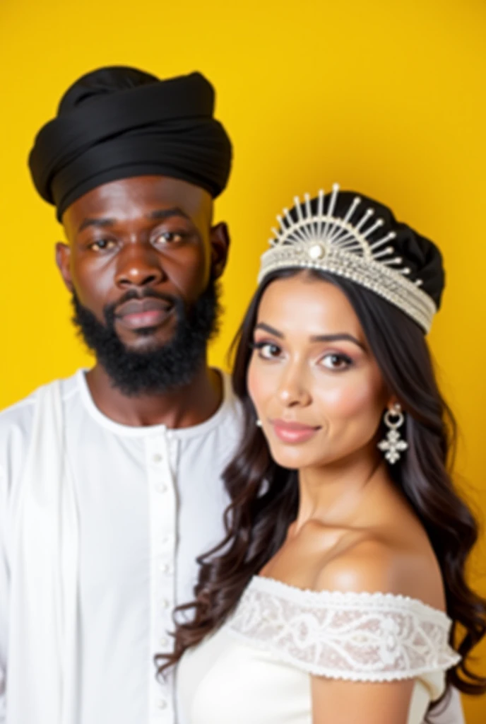 A logo of a Muslim woman with a purple hijab and a queen's crown in a pretty urban Dubai background.
And a handsome brown-haired man with chocolate eyes wearing a king's crown and an ear of corn.