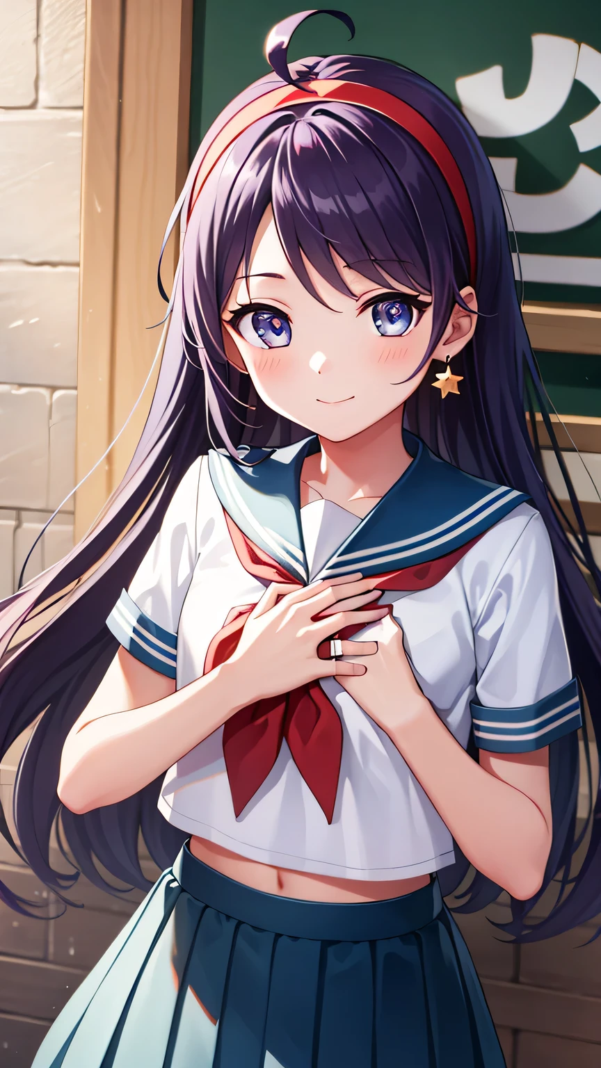 {{{masterpiece}}}, (best quality:1.5), (ultra-detailed:1.5), {illustration}, {{an extremely delicate and beautiful}}, (beautiful detailed eyes:1.6), absurdres, highres, extremely detailed face, 16k, hd, visual anime de uma jovem mulher, extremamente bonito rosto de anime, anime melhor garota, (perfect hands, perfect anatomy), anime face, Asamiya Athena, aa2, 1girl, solo, cute face, (Purple hair:1.3), Long hair, ahoge, parted bangs, sidelocks, white earrings, hairband, star \(symbol\), star hair ornament, (red hairband:1.2), (purple eyes:1.1), medium breasts, BREAK, {serafuku}, {school uniform}, white shirt, short sleeve, (light blue collar:1.5), (red neckerchief:1.4), necker ring, purple jade necker ring, black gloves, fingerless gloves, navel, (light blue skirt:1.5), mini skirt, pleated skirt, BREAK, smiling, flushed cheeks, (portrait:1.5), outdoor, Medieval Europe, daytime, building, (covering chest by hand:1.5), own hands clasped, medium close-up shot