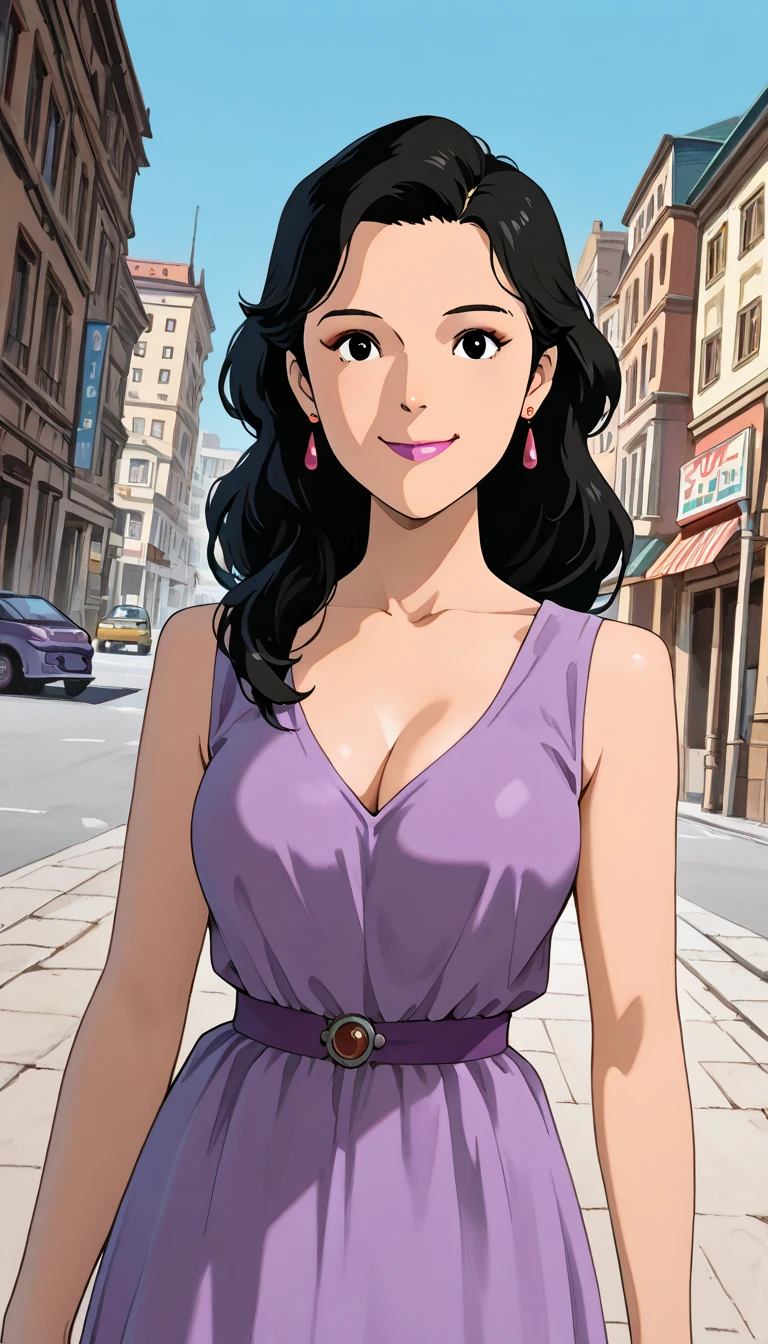 (1girl, bonnie), (extremely detailed CG unit 8k wallpaper),(master part), (best quality), (ultra detail), (best illustration),(ghibli_style), cowboy shot, standing, dutch angle, facing viewer, looking at viewer, perfect face, perfect eyes, perfect fingers, (Sharp eyeliner, ombre, detailed eyes:1), traditional media, city, street, blue sky, outdoors, break , upper body, solo, smile, long hair, black hair, cleavage , purple dress, earrings, lipstick, breasts, black eyes