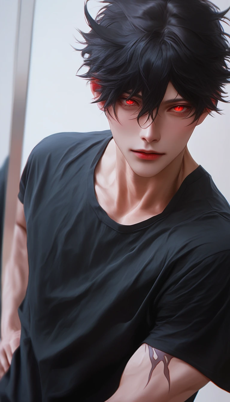 Attractive demon boy with black shorts hair and red eyes with tail, smiling creepy