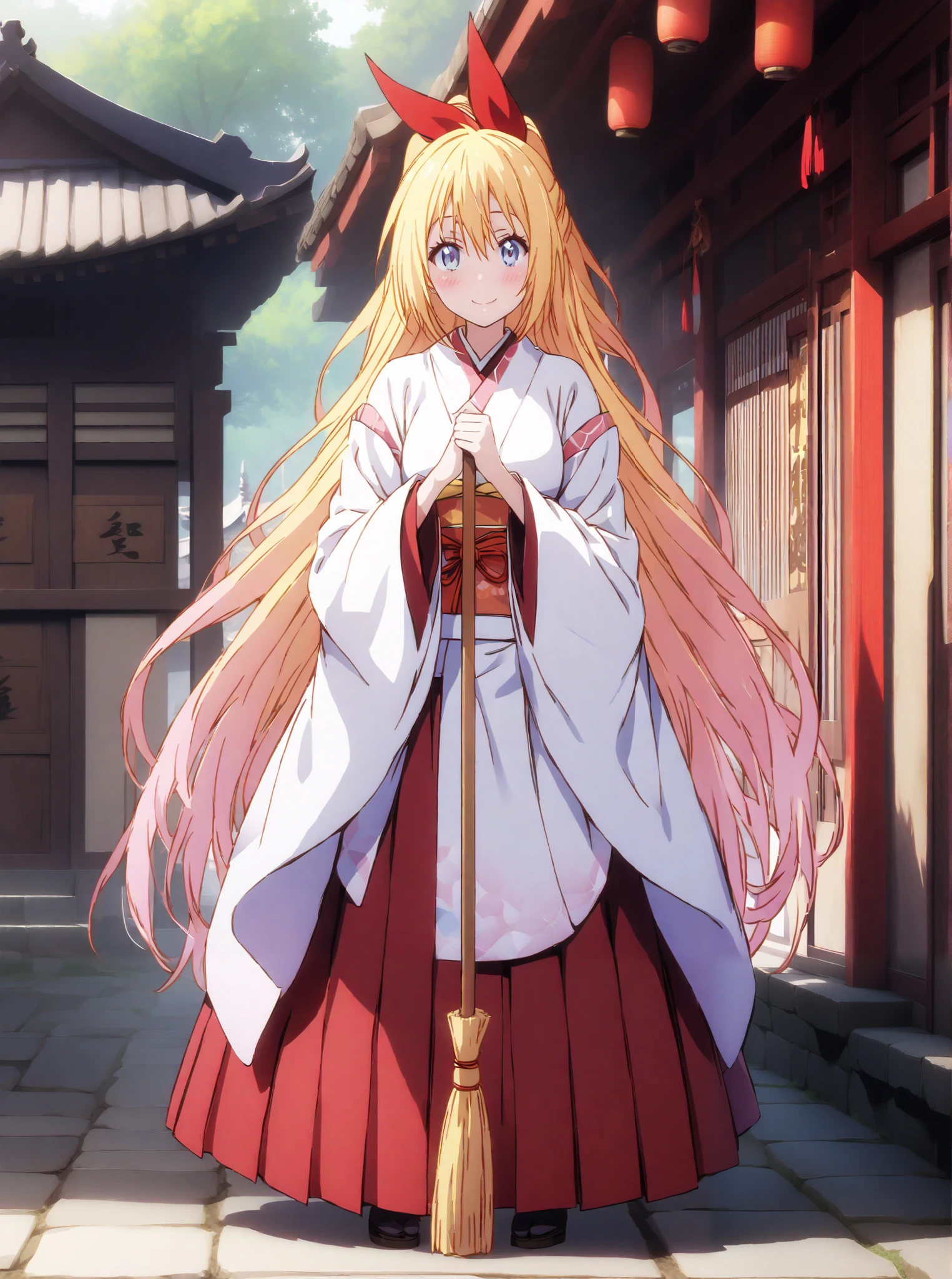 score_9, score_8_up, score_7_up, source_anime, chitoge kirisaki, long hair, blue eyes, blond hair,hair ribbon , smile,blush,close your mouth, o, very long hair, multicolored hair, Red Ribbon, Gradient Hair, medium chest,Shrine maiden, Japanese Clothes, white kimono , kimono, Red Hakama, wide sleeve, Long Sleeve, bow sleeve , とてもlong hair, low ponytail, Holding a broom with both hands,,Cleaning stairs,full bodyがイラストに入るように,break outdoors, shrine,
break looking at viewer,full body,
break (masterpiece:1.2),top quality , kampala, Unity 8K Wallpaper ,(shape:0.8),( fine, beautiful eyes :1.6),It's a person ,full body写真,CG Details , (I'll give you a perfect hand, complete anatomy),