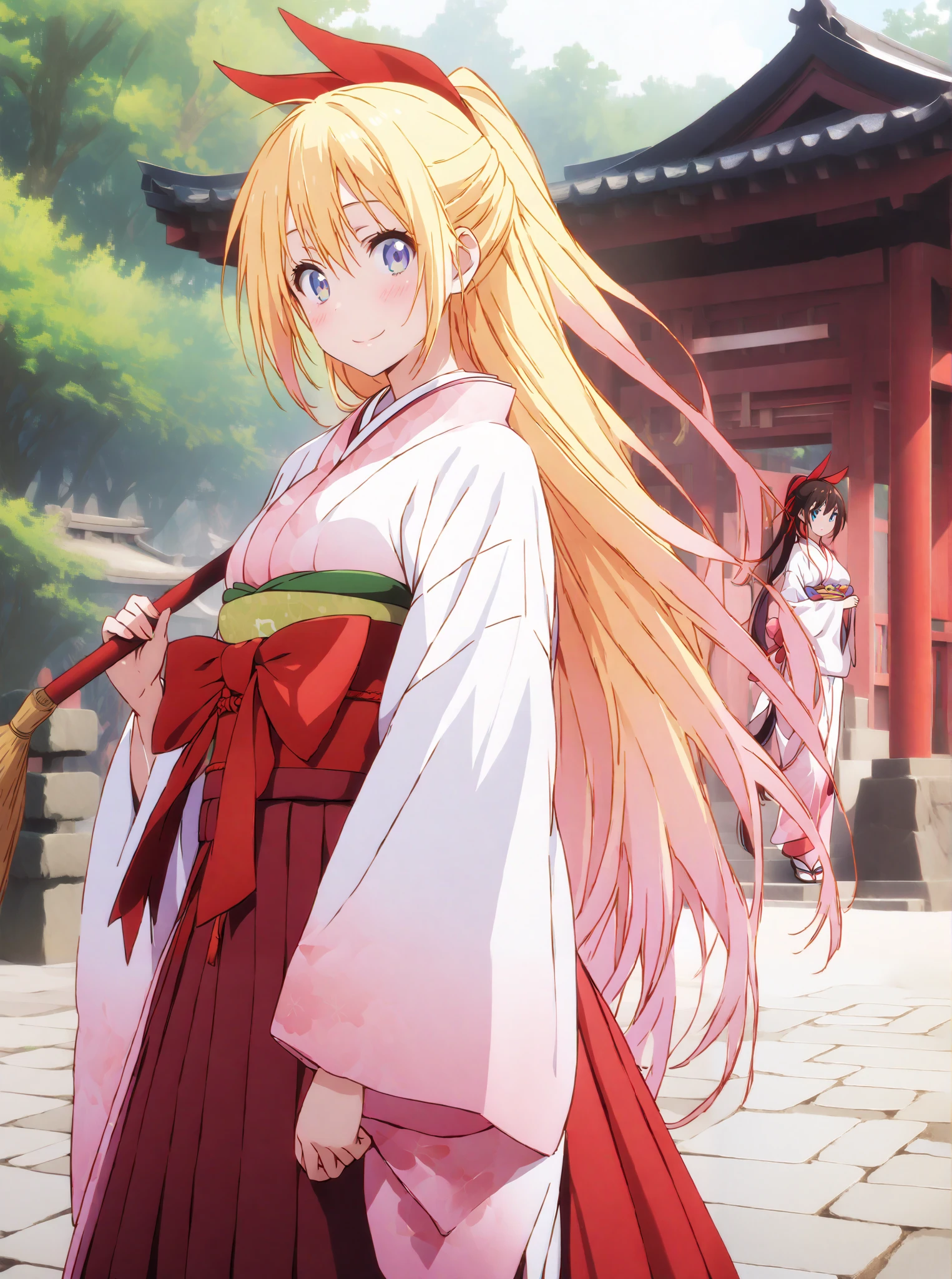 score_9, score_8_up, score_7_up, source_anime, chitoge kirisaki, long hair, blue eyes, blond hair,hair ribbon , smile,blush,close your mouth, o, very long hair, multicolored hair, Red Ribbon, Gradient Hair, medium chest,Shrine maiden, Japanese Clothes, white kimono , kimono, Red Hakama, wide sleeve, Long Sleeve, bow sleeve , とてもlong hair, low ponytail, Holding a broom with both hands,,Cleaning stairs,full bodyがイラストに入るように,break outdoors, shrine,
break looking at viewer,full body,
break (masterpiece:1.2),top quality , kampala, Unity 8K Wallpaper ,(shape:0.8),( fine, beautiful eyes :1.6),It's a person ,full body写真,CG Details , (I'll give you a perfect hand, complete anatomy),