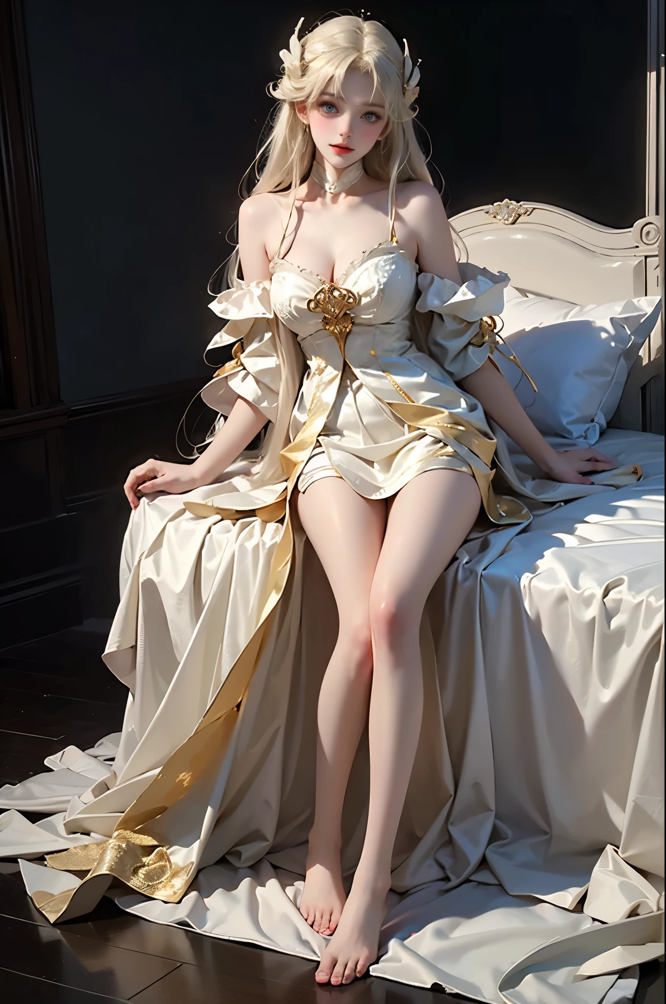 blond hairbl，Enchanting face shape，huge tit，White clothes black decoration，Slim waist，Long legs，White stockings with gold silk trim，black heels，