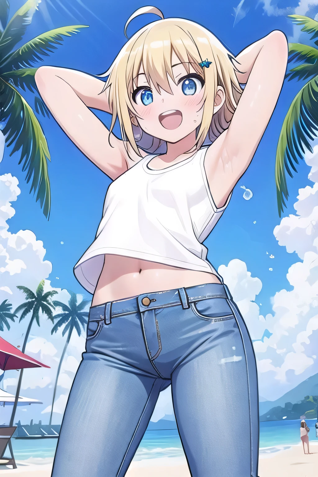 masterpiece,best quality,ultra detail, ((Perfect Face, Perfect Arms, Perfect hands, Perfect Fingers)), 1girl, , peti ((round face, ecstasy, orgasm face, drooping eyes, shame smiling, blush)), dropping eyes, sleepy, Open mouth, ((White teeth)), background((under the beach, (day:1.2), palm tree, bright sky)), miku hatsune, ahoge, aqua eyes, (blonde hair:1.4), crossed bangs, hair between eyes, hair ornament, (short hair:1.4), (messy hair:1.7), ((arms behind head, hands behind head, fingers behind head)), ((contrapposto)), spread armpits, looking at viewer,, (white tank top:1.2), (white crop top:1.2), (jeans pants:1.2, flares jeans:1.2, skinny jeans:1.2, blue jeans:1.2), standing, (legs spread:1.4), sex pose, Sweaty crotch, Steam from the crotch, from below, whole body