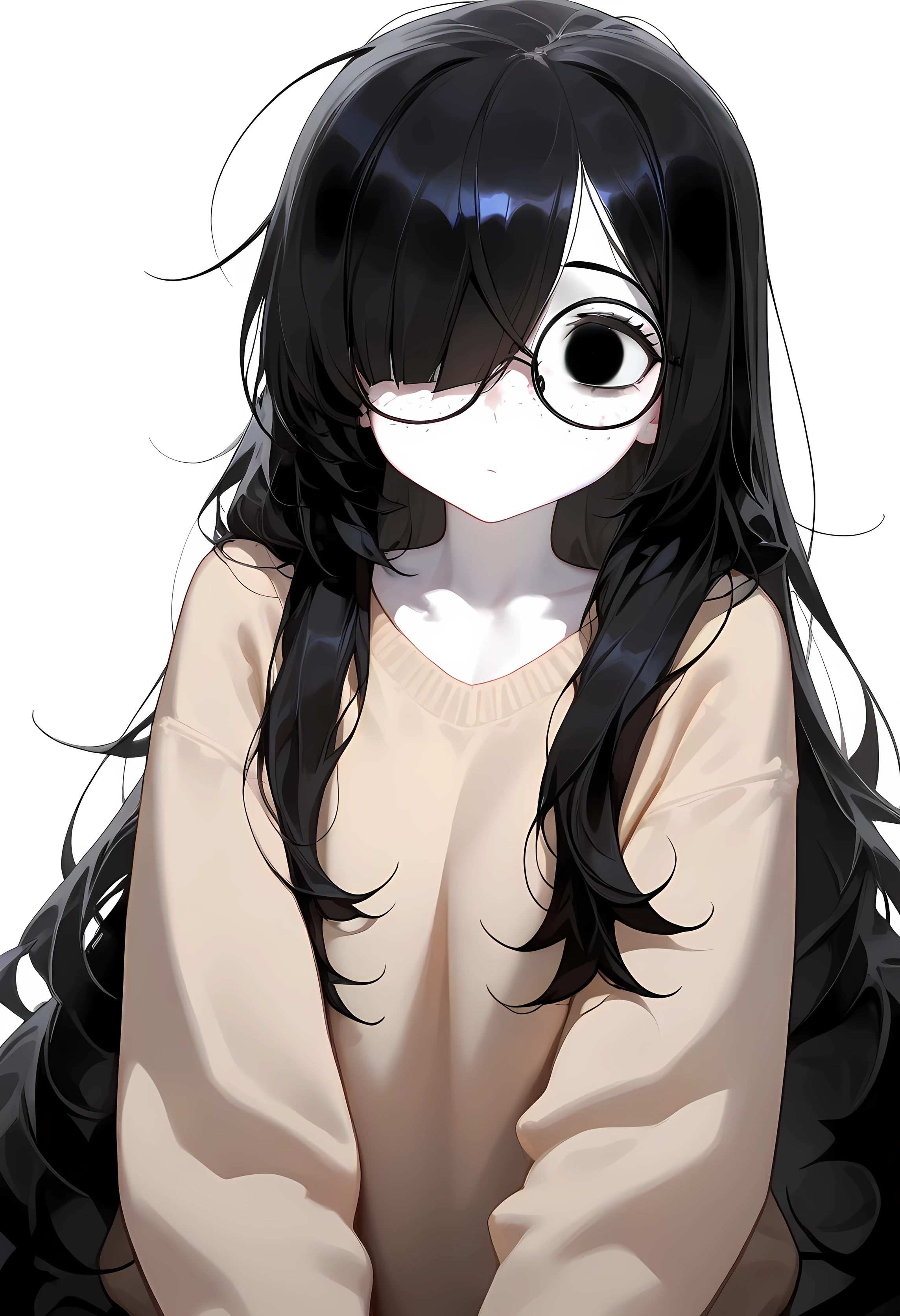 (Masterpiece : 1.2), ( very detailed: 1.2), ( very detailed CG: 1.2), ( HD: 1.2), 1girl, nerd, freckles, black hair, very long silky hair, long bangs, hair over one eye, curious expression, round glasses, oversized sweater, pale white skin, front face view, simple background, simple pose, black eyes, beige sweater,