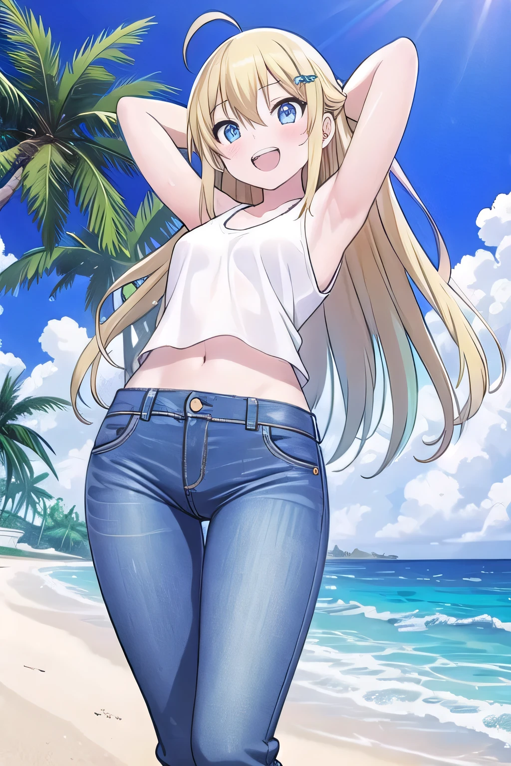 masterpiece,best quality,ultra detail, ((Perfect Face, Perfect Arms, Perfect hands, Perfect Fingers)), 1girl, , peti ((round face, ecstasy, orgasm face, drooping eyes, shame smiling, blush)), dropping eyes, sleepy, Open mouth, ((White teeth)), background((under the beach, (day:1.2), palm tree, bright sky)), miku hatsune, ahoge, aqua eyes, (blonde hair:1.4), crossed bangs, hair between eyes, hair ornament, (long hair:1.4), ((arms behind head, hands behind head, fingers behind head)), ((contrapposto)), spread armpits, looking at viewer,, (white tank top:1.2), (white crop top:1.2), (jeans pants:1.2, flares jeans:1.2, skinny jeans:1.2, blue jeans:1.2), standing, (legs spread:1.4), sex pose, Sweaty crotch, Steam from the crotch, from below, whole body