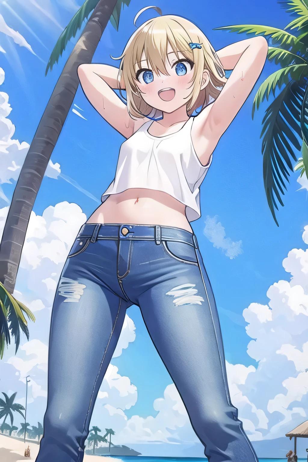 (8K、Highest quality、Highest quality、masterpiece)、Detailed face、One Girl、(Brown Skin:1.2)、Long Hair、Red Eyes、Serious、(Red Tank Top、Denim hot shorts、Open Shorts、Unziped shorts、Mini jeans Shorts、No Panties、NoPanties、Spread pussy、heart cutout)、labia view、Beach、cloud、vagina、Pussy Lip、Wedgie between Pussy Lips、Big Breasts