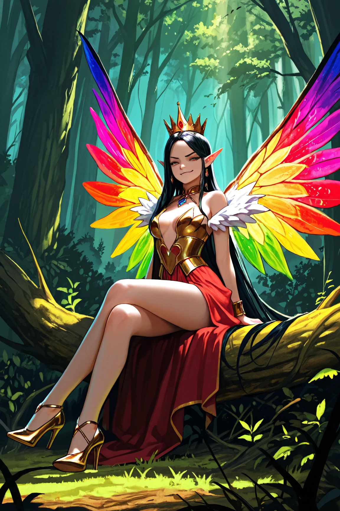 huge chest, curved, female, fantasyHere is a cartoon picture of a woman with a very large chest, , vest, pants, black hair, sacred aura, inspired by Luma Red, the non-binary deity of spring, ethereal rainbow nimbus, the butterfly goddess of fire, inspired by Marie Angel, will have shining around her, like the sun goddess, "uwu the prismatic person, big breast, happy, beautiful eyes, , full body, walking, long dress, long dre, nun, priestess, saint, body of venus, bent, huge chest, forest, walking, smile, sharp teeth, black coats, coat,dark skinned, twinbraidsbrow hair,very brow hair,red eyes, cat ears,two arms, black body suit, pantyhose,vest, pants