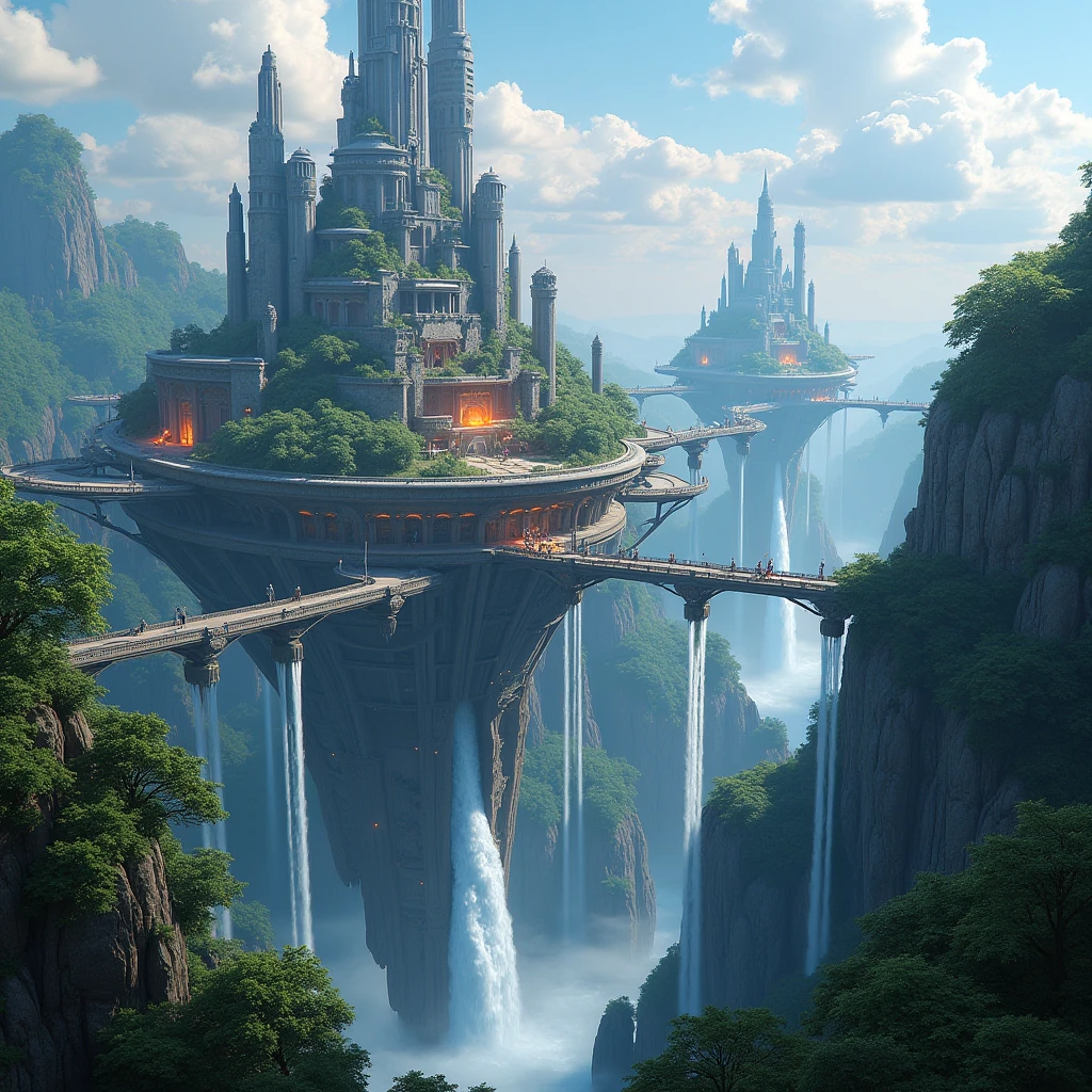 A futuristic city built on floating islands connected by glowing ...