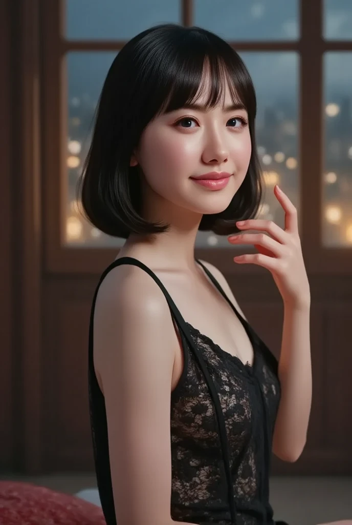 Realism,Selfie photos,detailed skin,There is a woman taking a selfie in the room, neat hair There are Bangs, black hime cut hair, she has black hair There are Bangs, There are Bangs, Real hair black bangs hair, Girl Cute - Delicate Face, Real life girl, with short hair There are Bangs, 🤤 Girl Portrait, Beautiful Asian mixed race girl face, Shoulder length black hair,Bangs, Realistic light and shadow,Photos close to real life,
