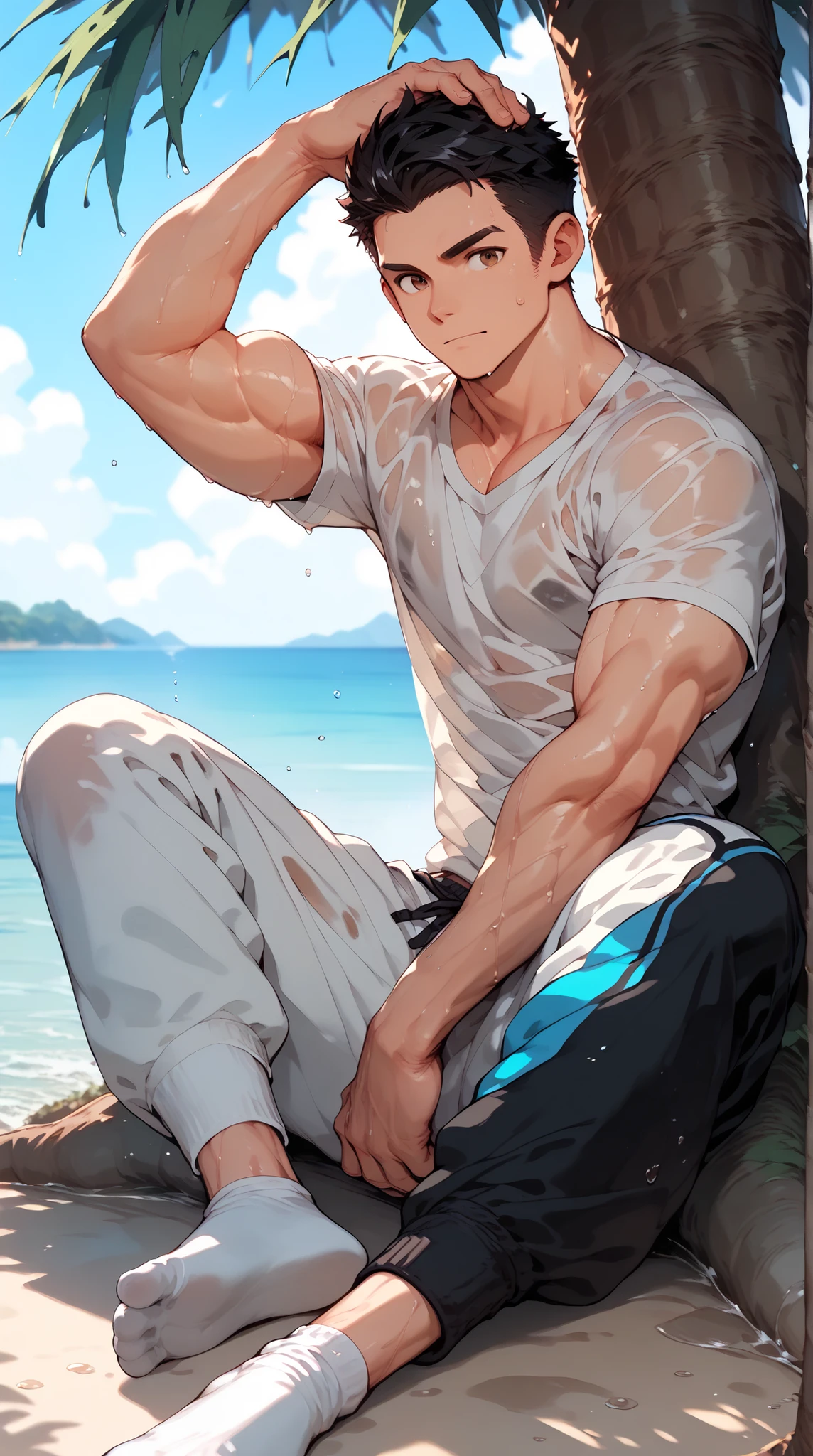 a handsome man,Black Hair,Abdominal muscles,brown eyes,wet white short sleeve,Sweatpants,seaside,Sunset,Sitting under a tree, There is a light yellow stain on the bottom of the white socks ,(( only one person)),Clear
