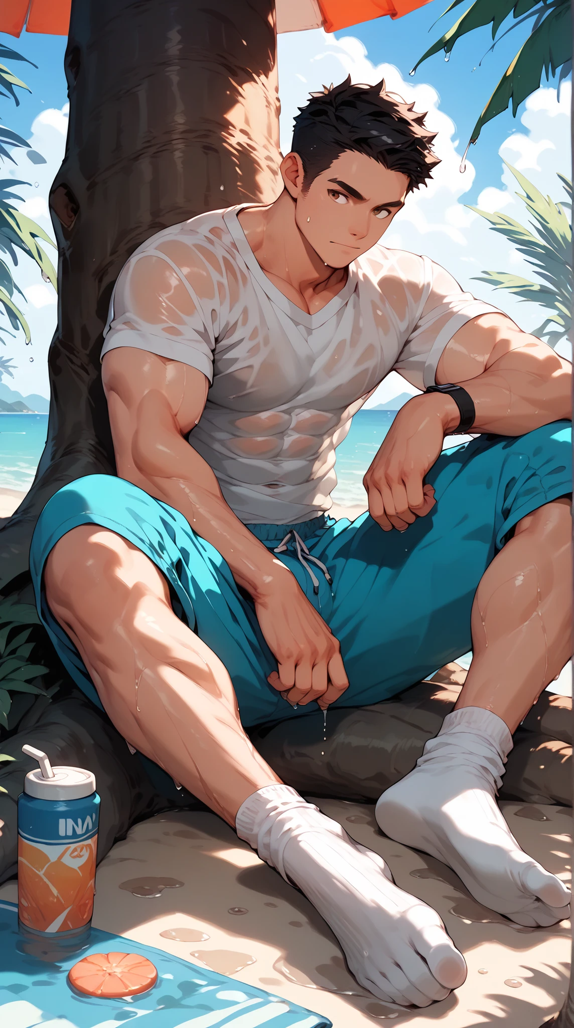 a handsome man,Black Hair,Abdominal muscles,brown eyes,wet white short sleeve,Sweatpants,seaside,Sunset,Sitting under a tree, There is a light yellow stain on the bottom of the white socks ,(( only one person)),Clear