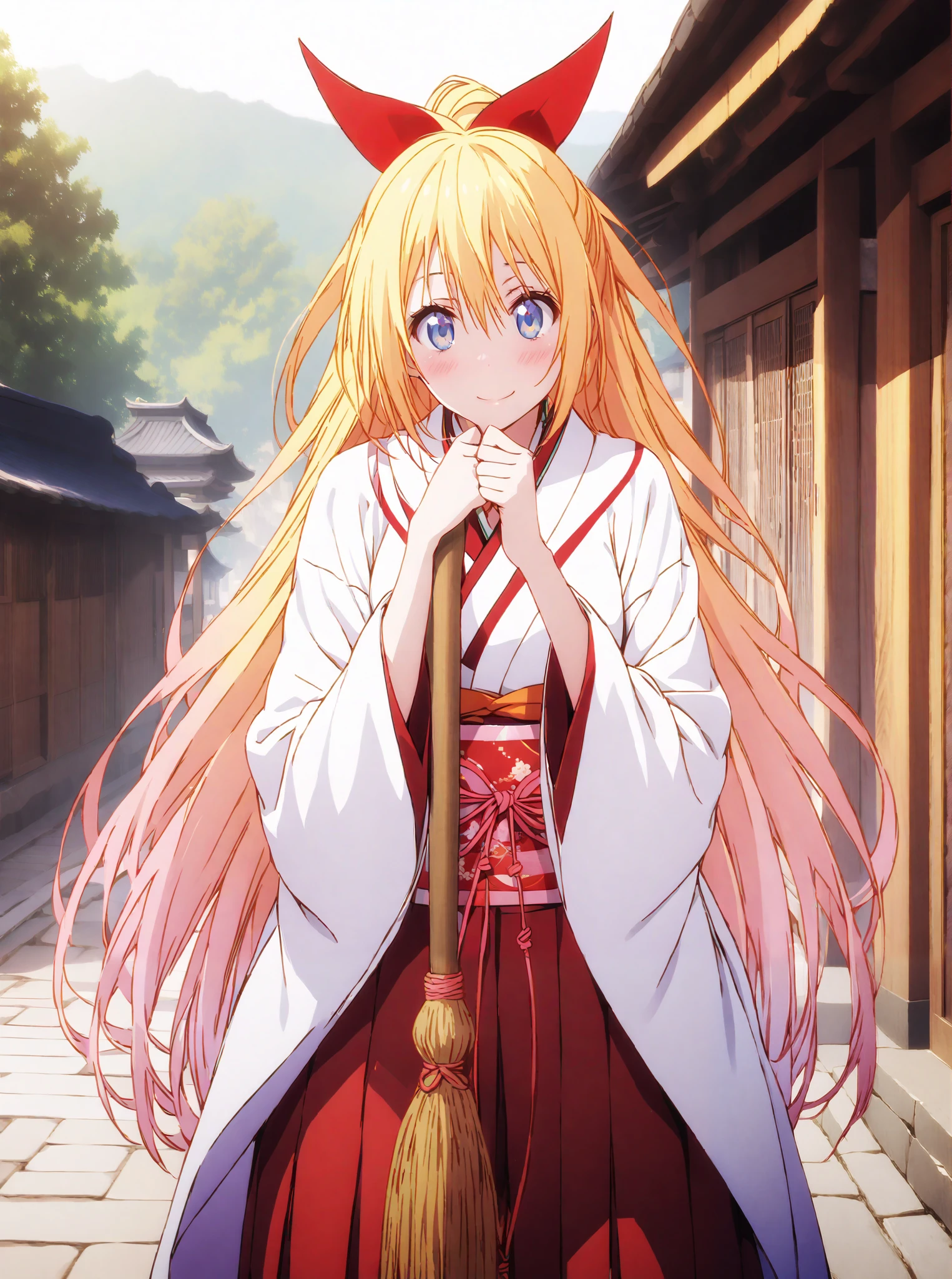 score_9, score_8_up, score_7_up, source_anime, chitoge kirisaki, long hair, blue eyes, blond hair,hair ribbon , smile,blush,close your mouth, o, very long hair, multicolored hair, Red Ribbon, Gradient Hair, medium chest,Shrine maiden, Japanese Clothes, white kimono , kimono, Red Hakama, wide sleeve, Long Sleeve, bow sleeve , とてもlong hair, low ponytail, Holding a broom with both hands,,Cleaning stairs,full bodyがイラストに入るように,break outdoors, shrine,
break looking at viewer,full body,
break (masterpiece:1.2),top quality , kampala, Unity 8K Wallpaper ,(shape:0.8),( fine, beautiful eyes :1.6),It's a person ,full body写真,CG Details , (I'll give you a perfect hand, complete anatomy),